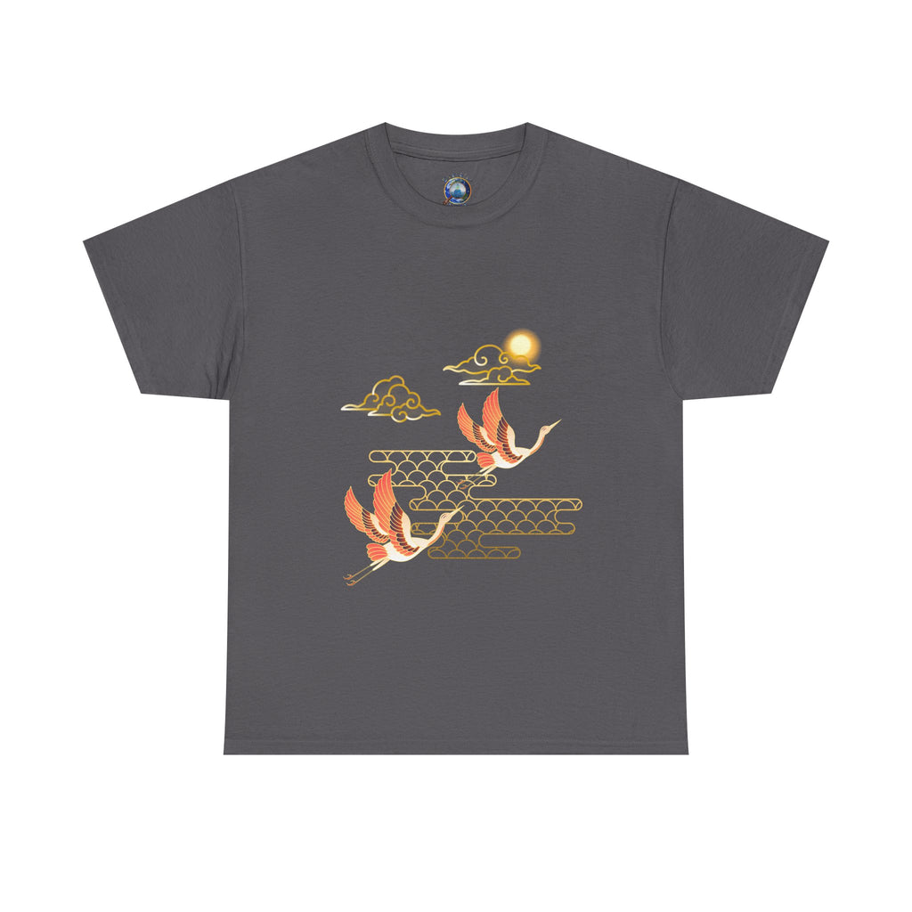 2 Pink Cranes Flying toward Sun - T shirt