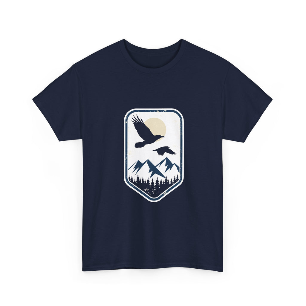 Mountain Sunrise Badge Tee – Eagle Flying Over Pines Graphic T-Shirt