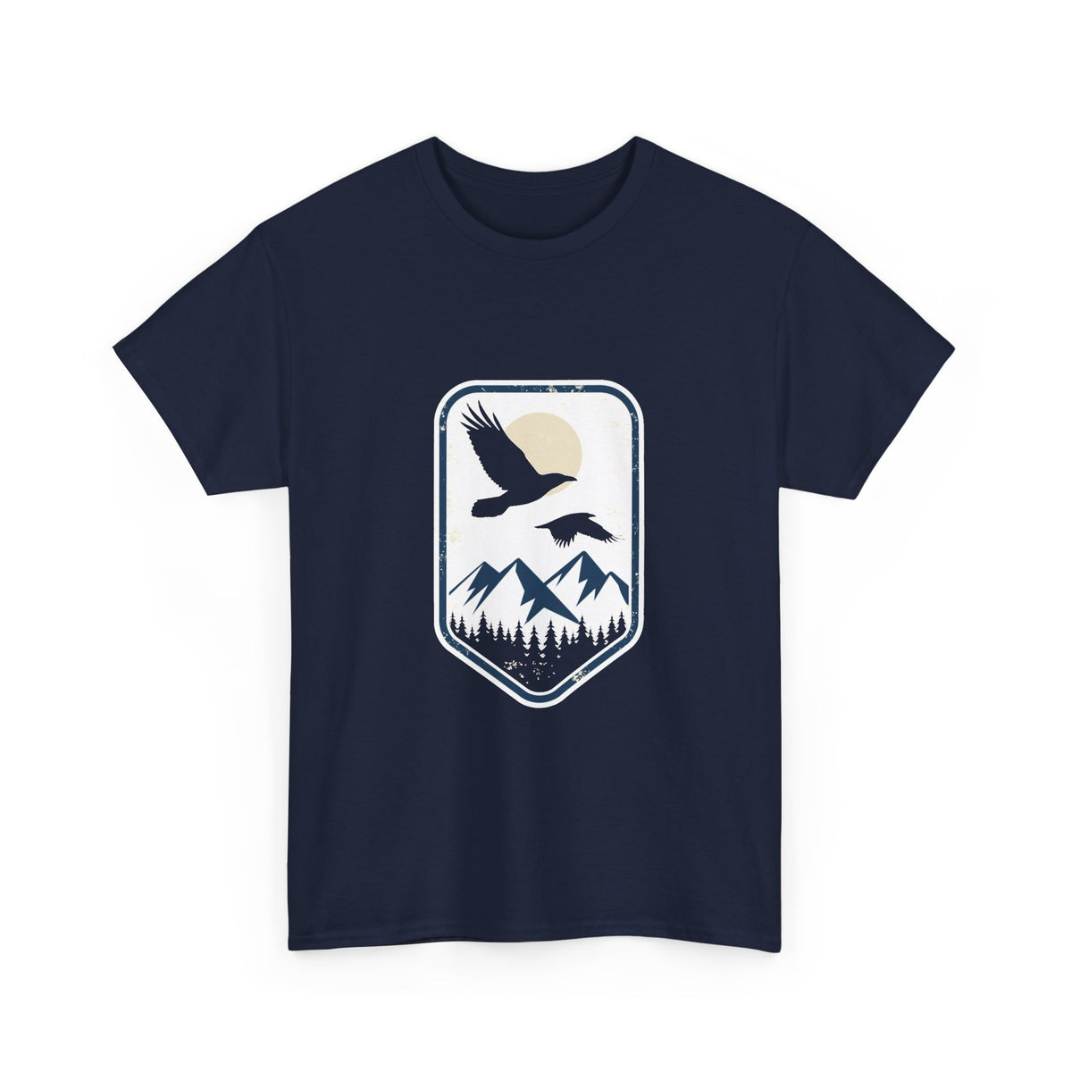 Mountain Sunrise Badge Tee – Eagle Flying Over Pines Graphic T-Shirt