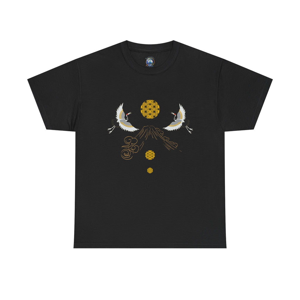 Cranes Harmony T-Shirt, Mount Fuji, Sacred Geometry (Gold)  | Two Cranes Minimalist Japanese Art Tee