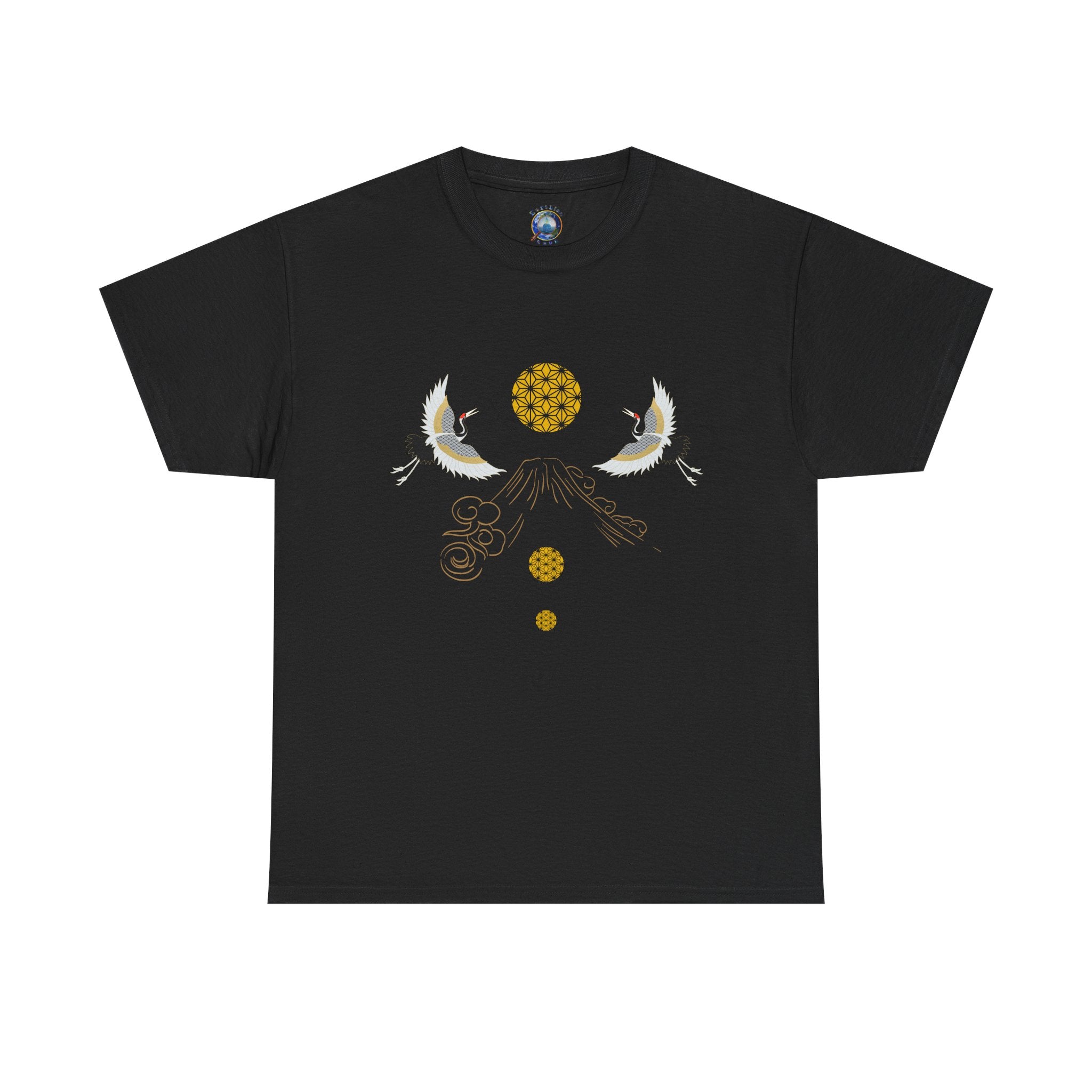 Cranes Harmony T-Shirt, Mount Fuji, Sacred Geometry (Gold)  | Two Cranes Minimalist Japanese Art Tee