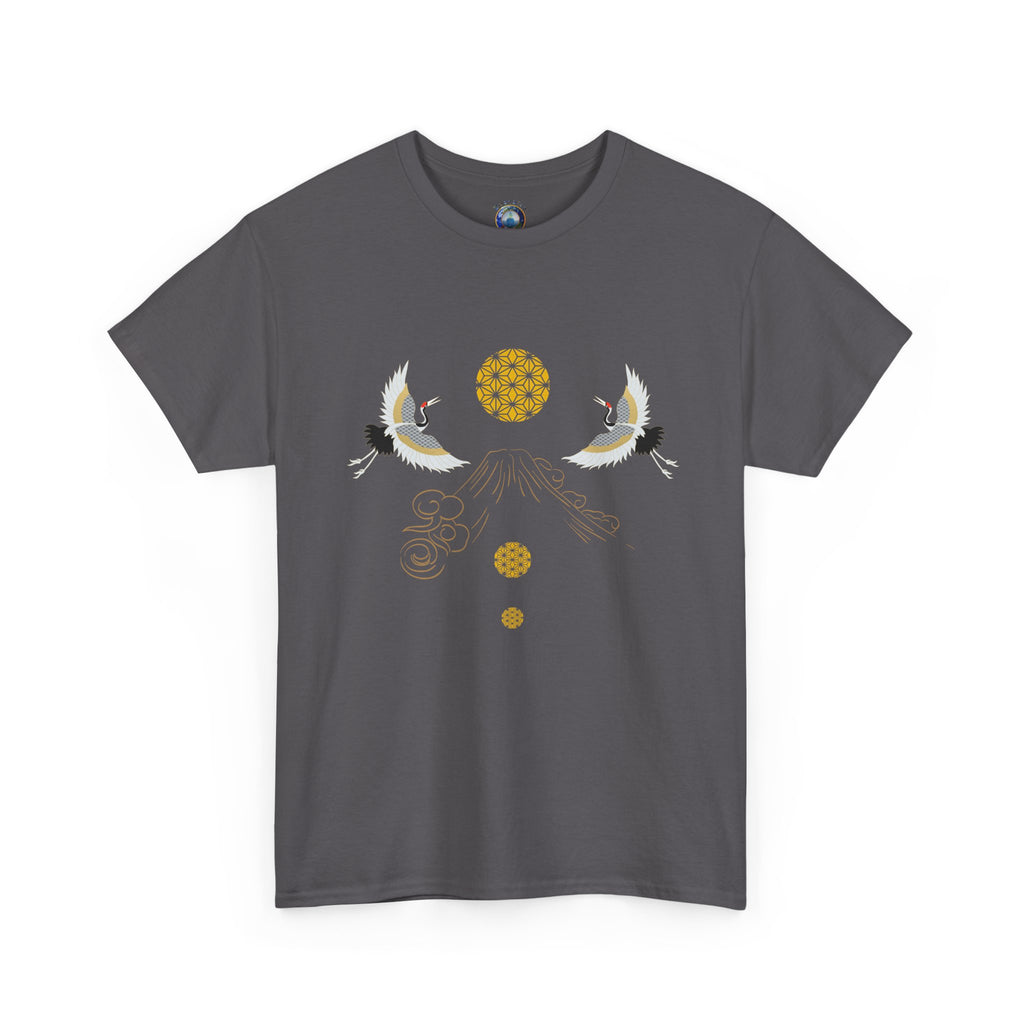 Cranes Harmony T-Shirt, Mount Fuji, Sacred Geometry (Gold)  | Two Cranes Minimalist Japanese Art Tee