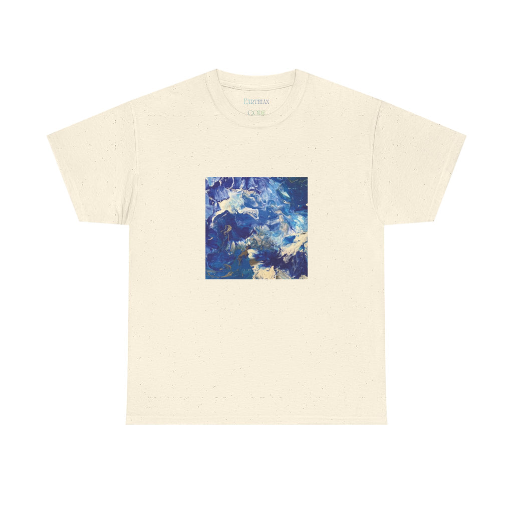 Earth Blue, Silver & White Marble T-Shirt | Abstract Fluid Art Tee - Original Canvas Painting