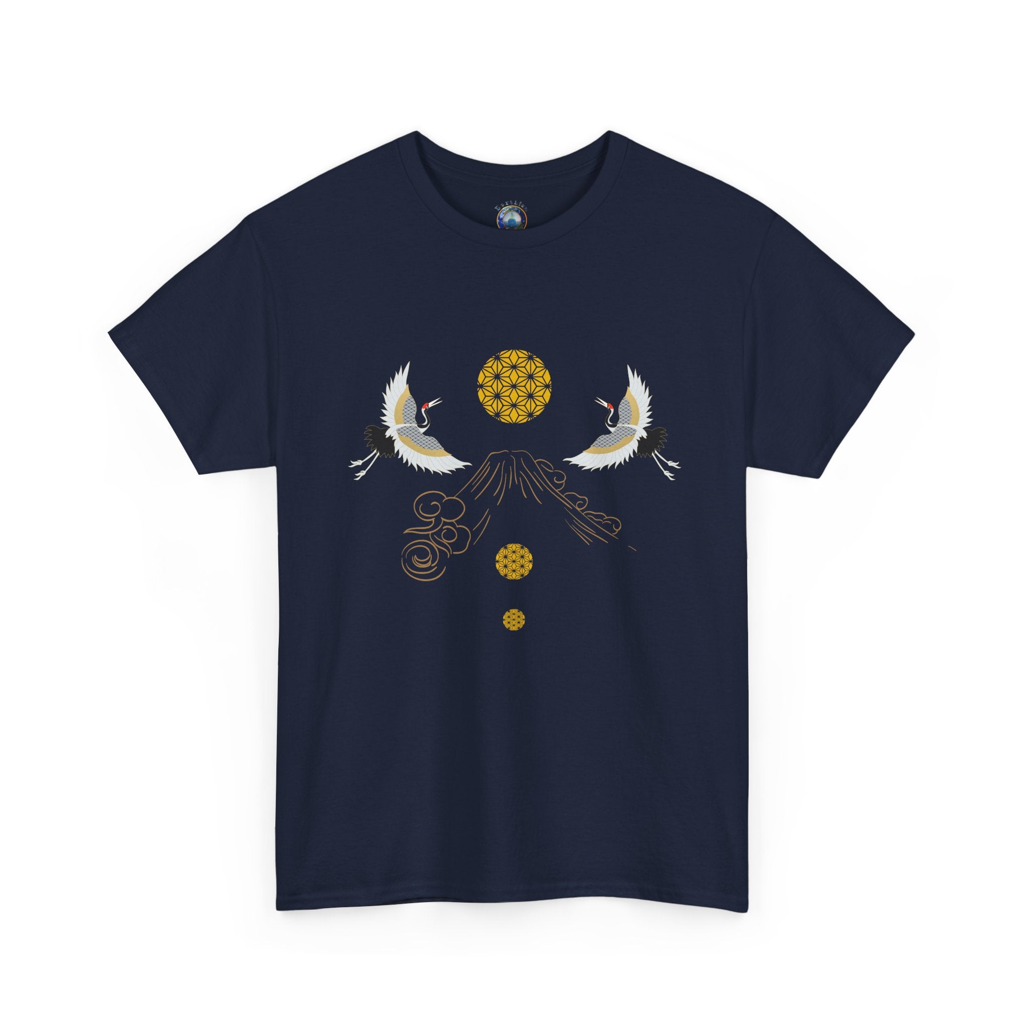 Cranes Harmony T-Shirt, Mount Fuji, Sacred Geometry (Gold)  | Two Cranes Minimalist Japanese Art Tee