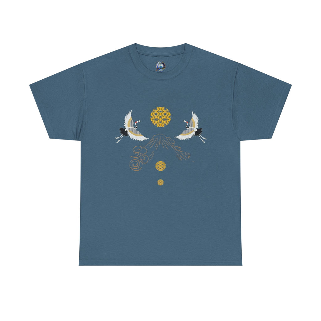 Cranes Harmony T-Shirt, Mount Fuji, Sacred Geometry (Gold)  | Two Cranes Minimalist Japanese Art Tee