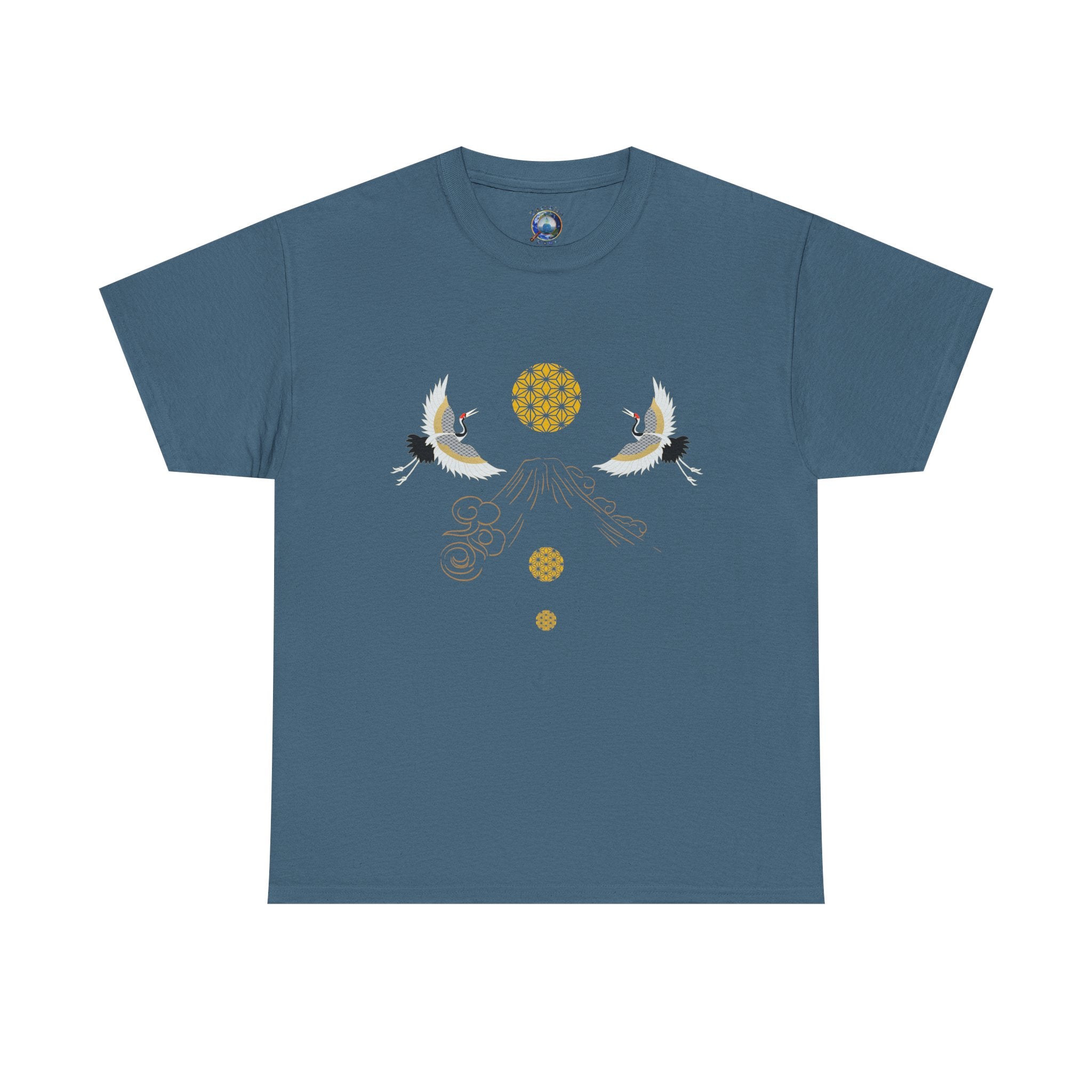 Cranes Harmony T-Shirt, Mount Fuji, Sacred Geometry (Gold)  | Two Cranes Minimalist Japanese Art Tee