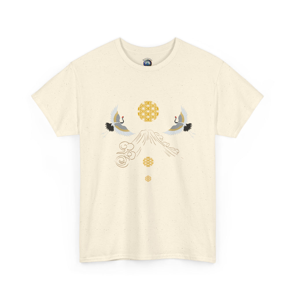 Cranes Harmony T-Shirt, Mount Fuji, Sacred Geometry (Gold)  | Two Cranes Minimalist Japanese Art Tee