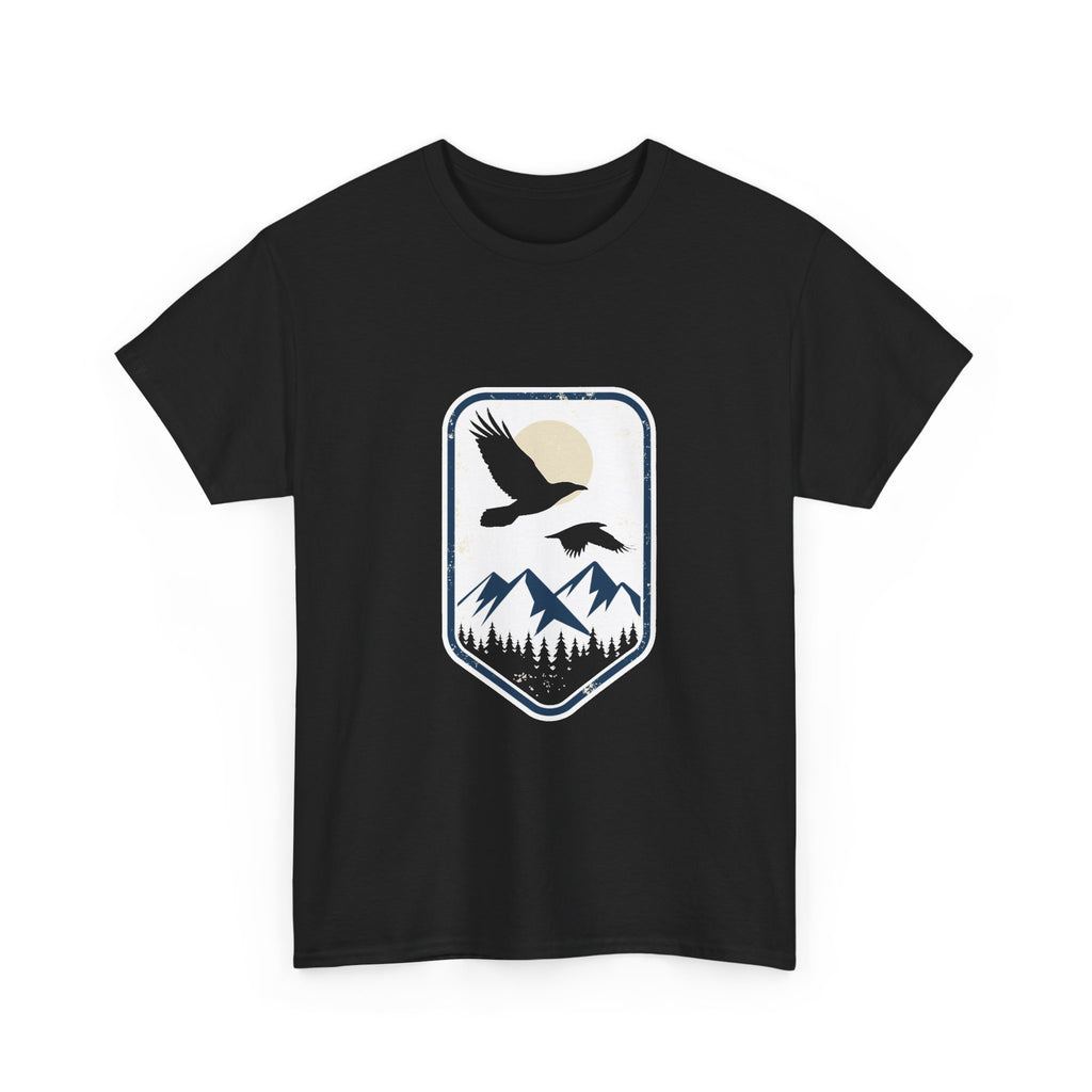 Mountain Sunrise Badge Tee – Eagle Flying Over Pines Graphic T-Shirt