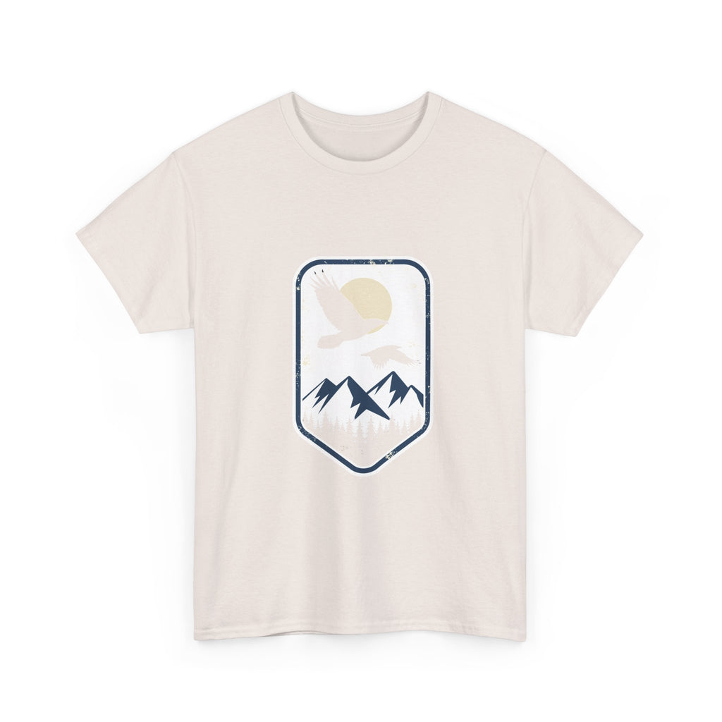 Mountain Sunrise Badge Tee – Eagle Flying Over Pines Graphic T-Shirt