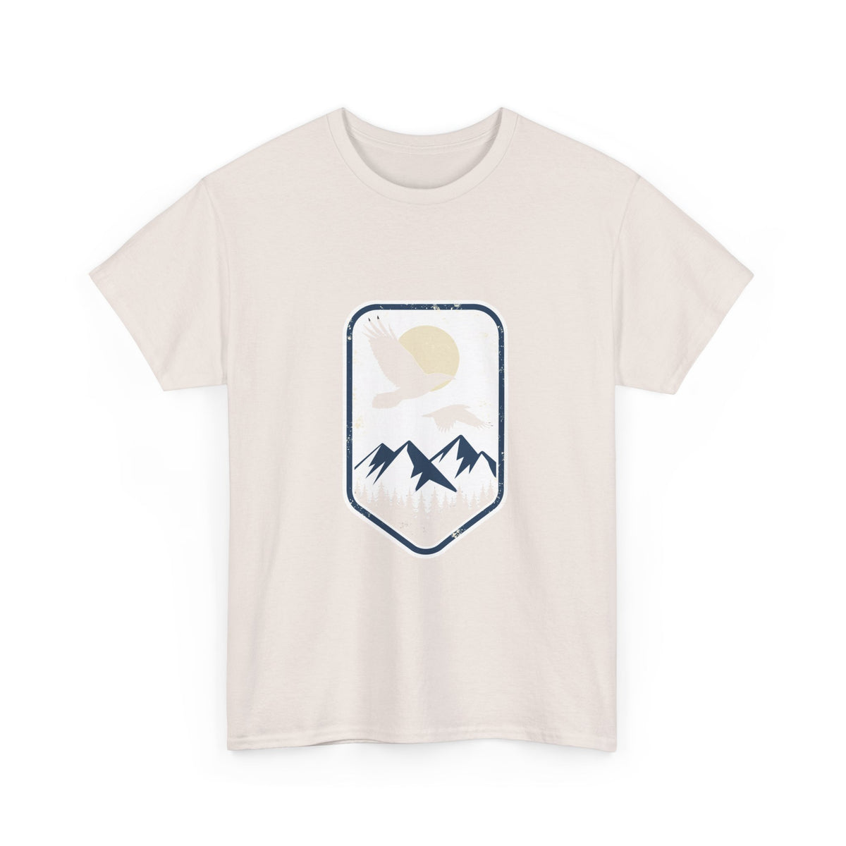Mountain Sunrise Badge Tee – Eagle Flying Over Pines Graphic T-Shirt