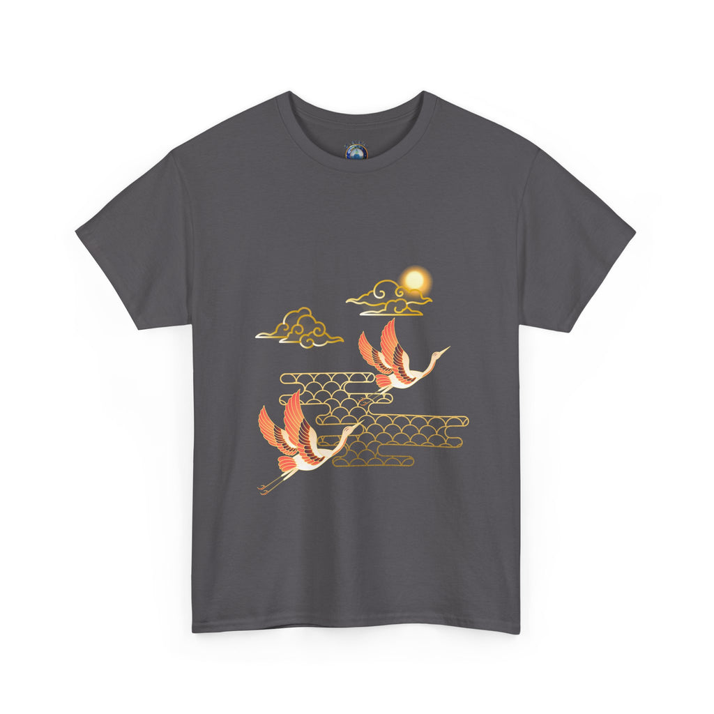 2 Pink Cranes Flying toward Sun - T shirt