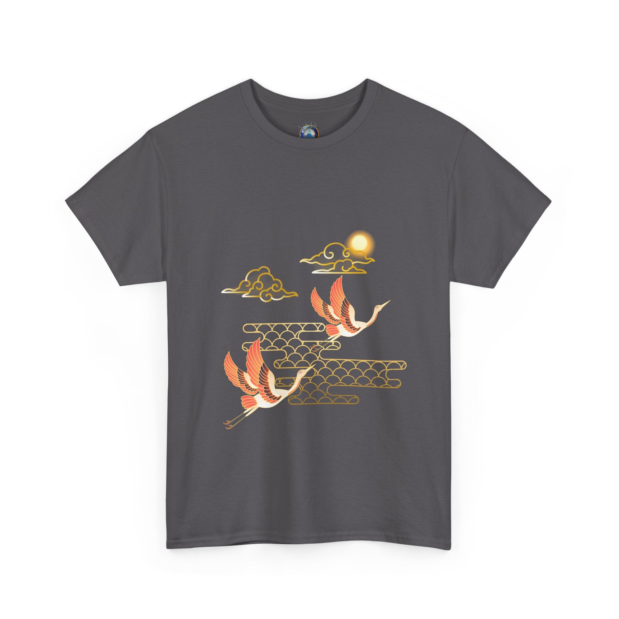 2 Pink Cranes Flying toward Sun - T shirt