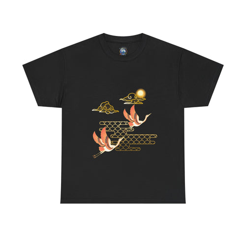 2 Pink Cranes Flying toward Sun - T shirt
