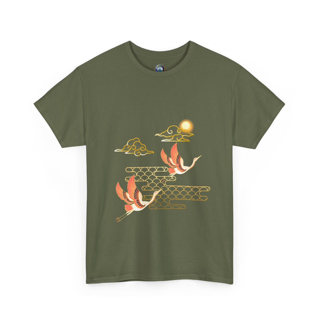 2 Pink Cranes Flying toward Sun - T shirt