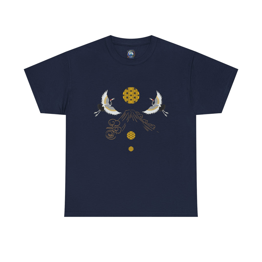 Cranes Harmony T-Shirt, Mount Fuji, Sacred Geometry (Gold)  | Two Cranes Minimalist Japanese Art Tee