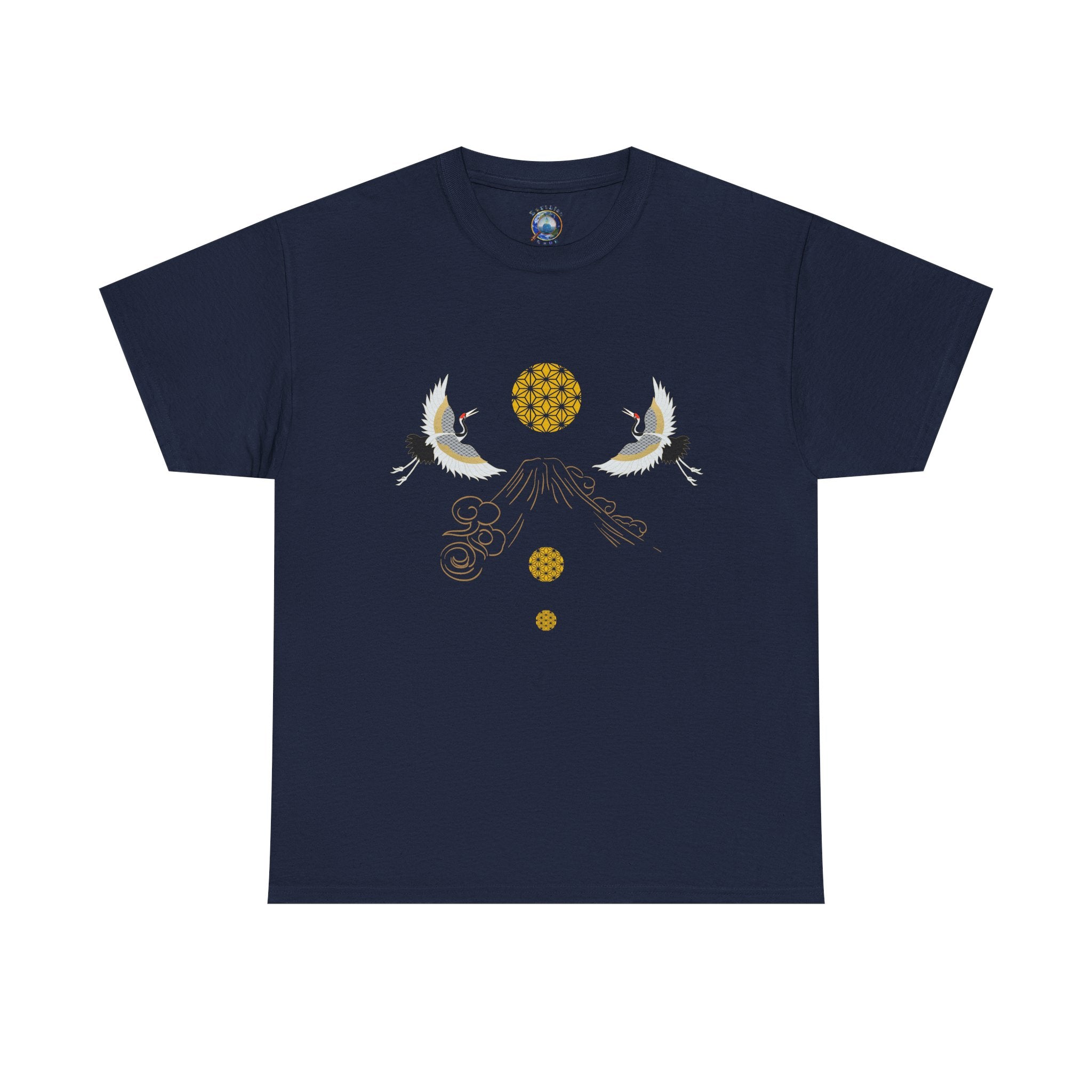 Cranes Harmony T-Shirt, Mount Fuji, Sacred Geometry (Gold)  | Two Cranes Minimalist Japanese Art Tee