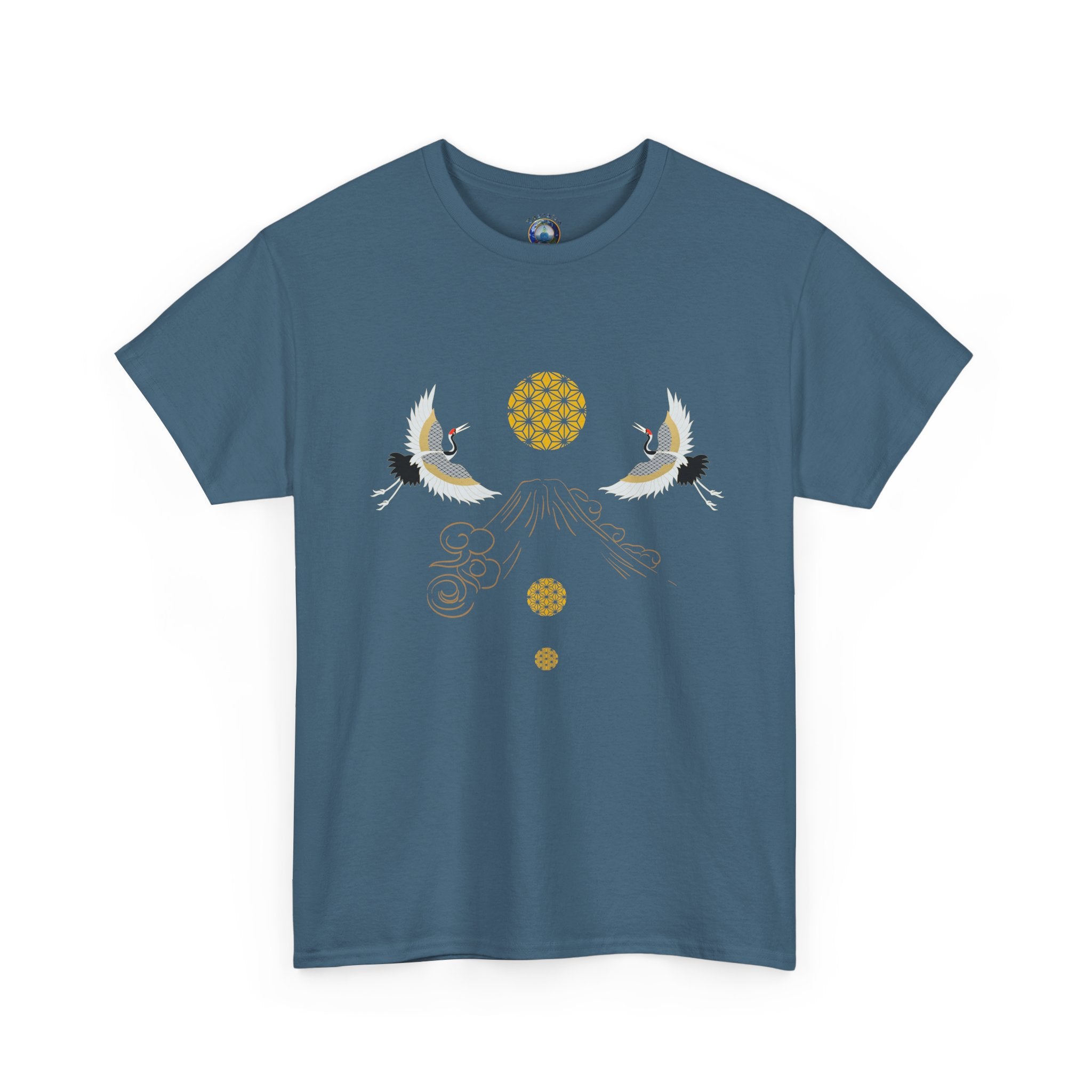 Cranes Harmony T-Shirt, Mount Fuji, Sacred Geometry (Gold)  | Two Cranes Minimalist Japanese Art Tee