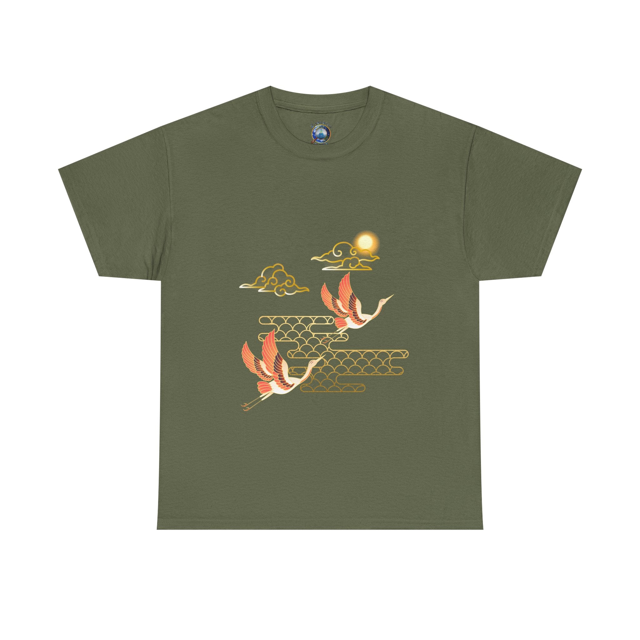 2 Pink Cranes Flying toward Sun - T shirt
