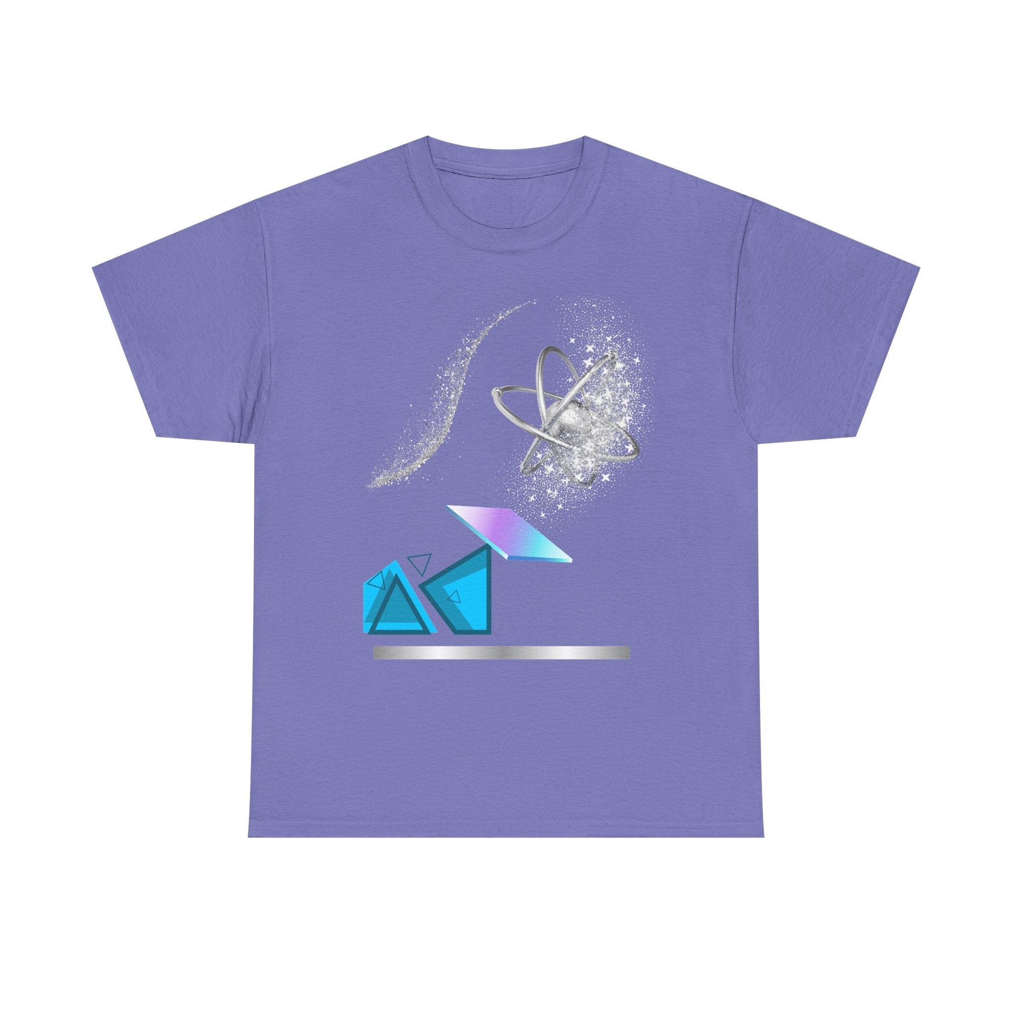 Geometric Prism Graphic Tee — Futuristic Cyan Violet Crystal T-Shirt