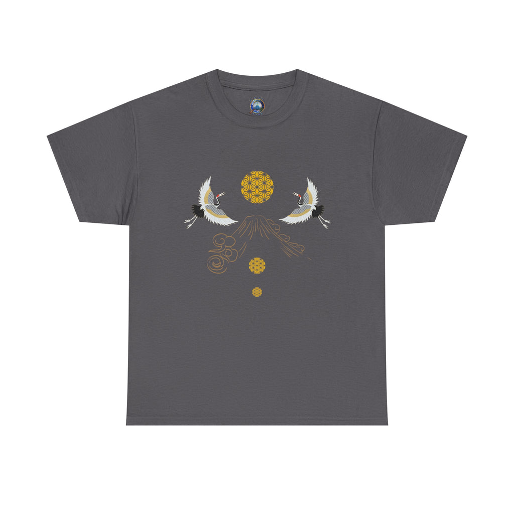 Cranes Harmony T-Shirt, Mount Fuji, Sacred Geometry (Gold)  | Two Cranes Minimalist Japanese Art Tee