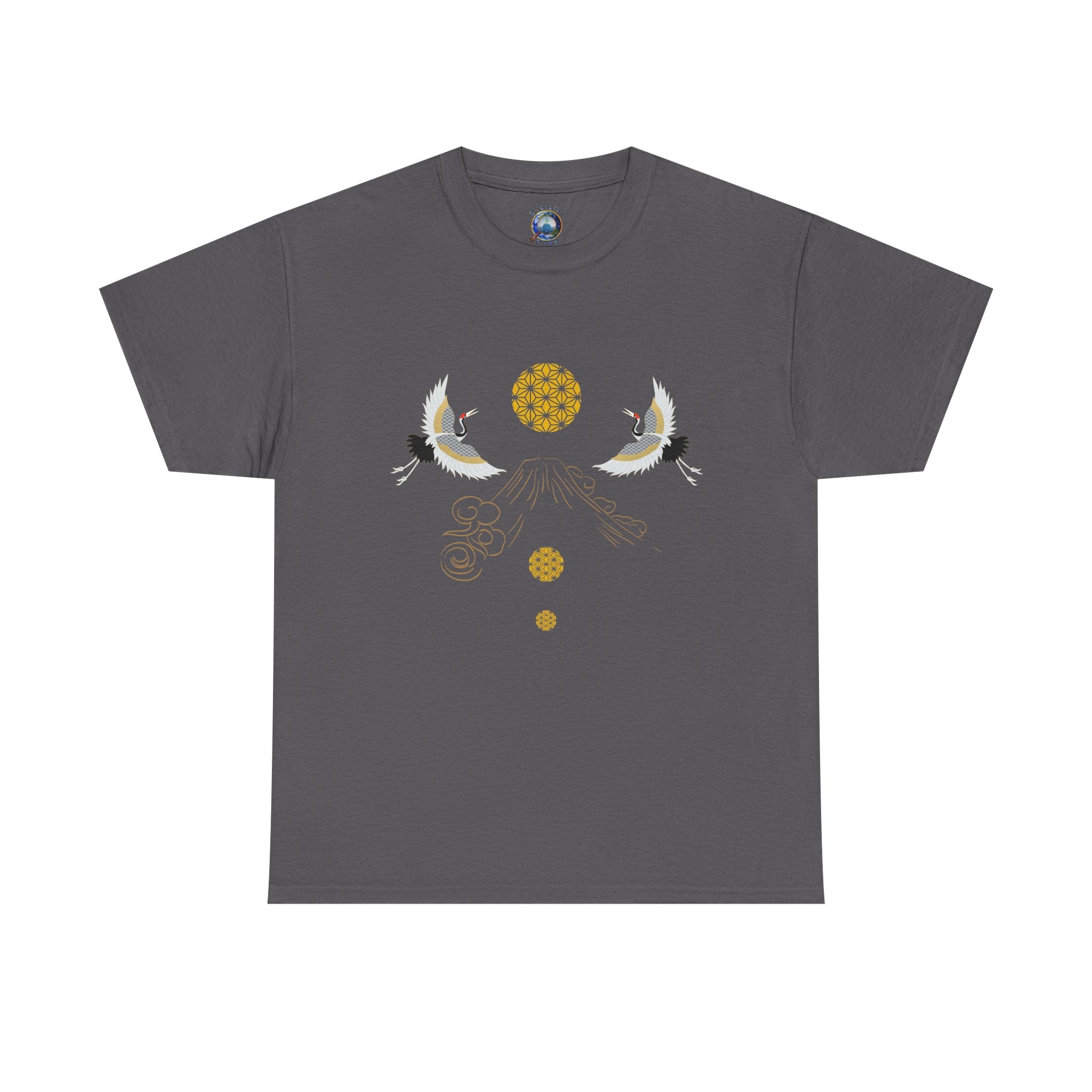 Cranes Harmony T-Shirt, Mount Fuji, Sacred Geometry (Gold)  | Two Cranes Minimalist Japanese Art Tee