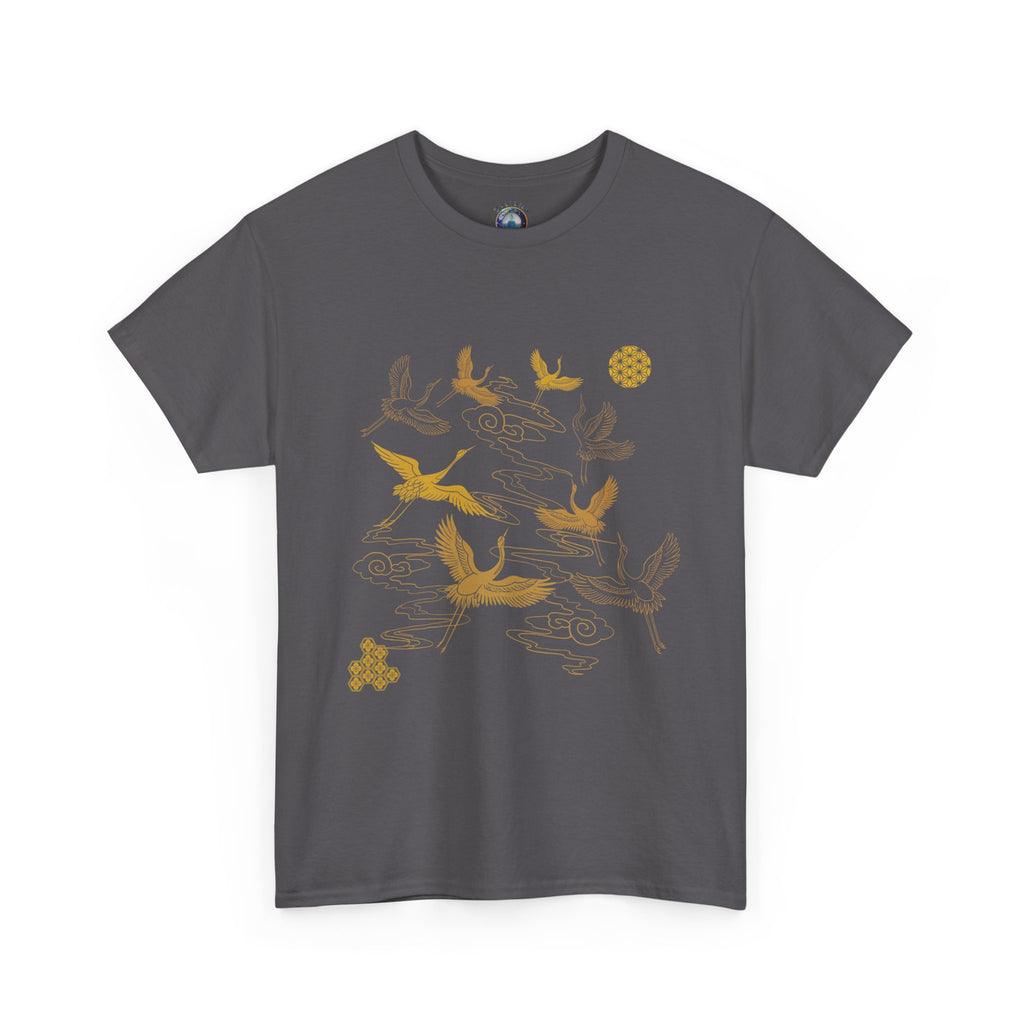 8 Cranes Fly above Gold Cloud Tee — Japanese inspired vintage Crane T-Shirt
