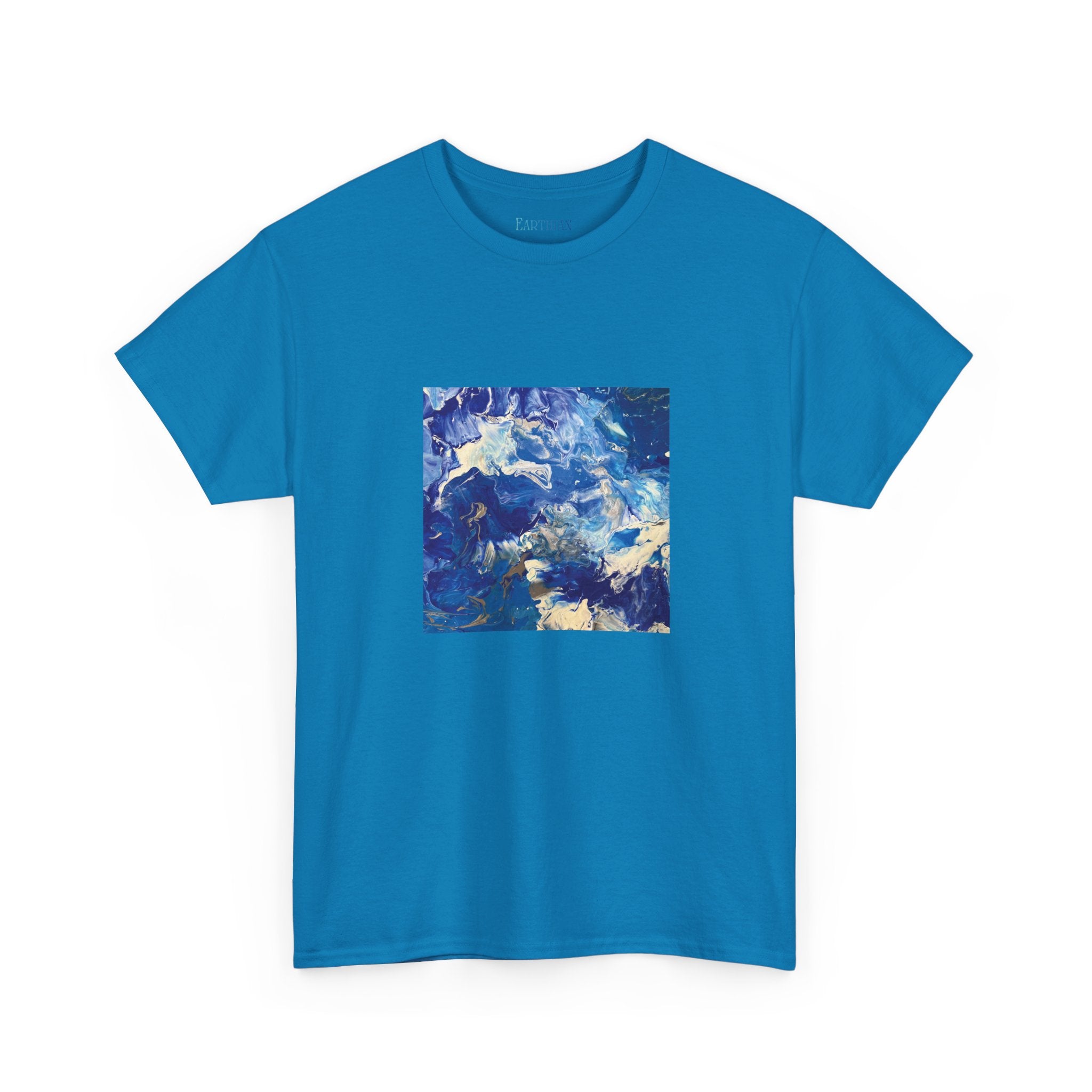 Earth Blue, Silver & White Marble T-Shirt | Abstract Fluid Art Tee - Original Canvas Painting