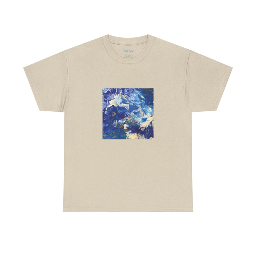 Earth Blue, Silver & White Marble T-Shirt | Abstract Fluid Art Tee - Original Canvas Painting