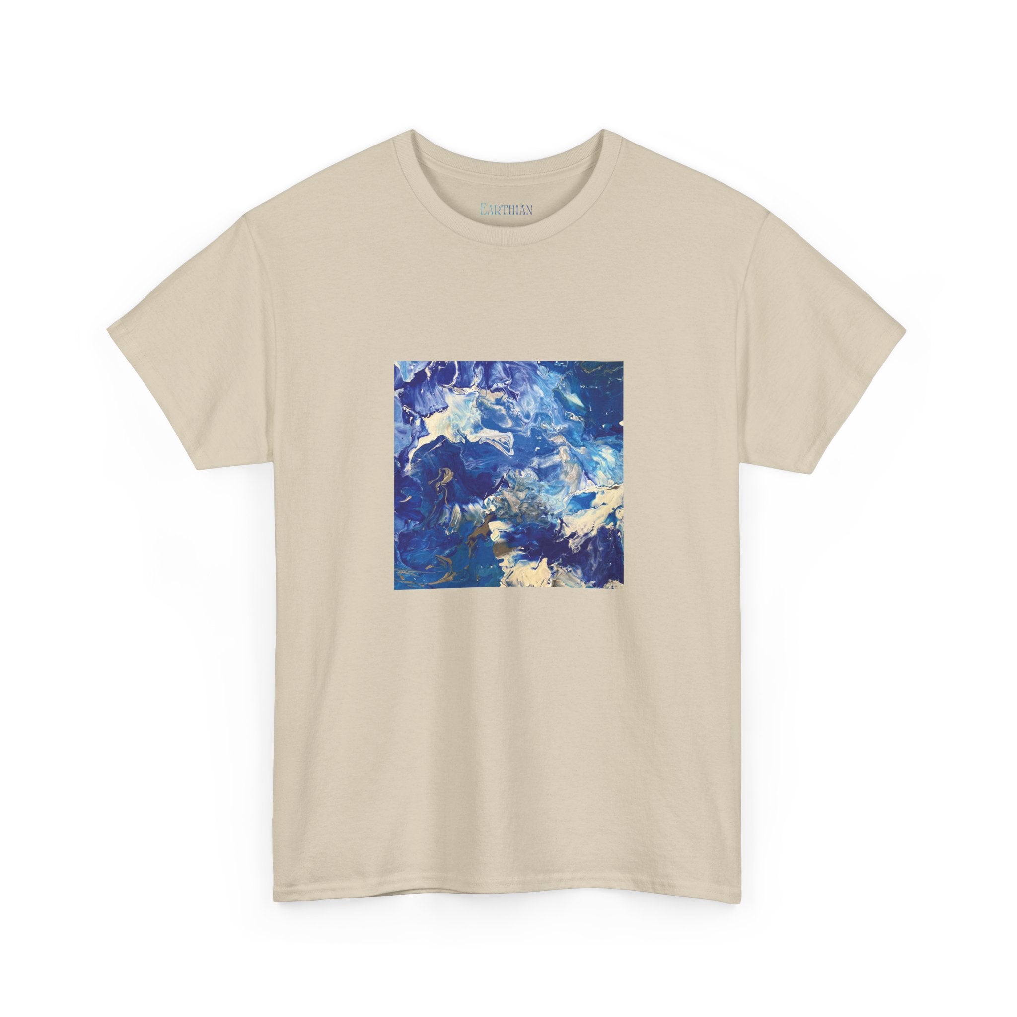 Earth Blue, Silver & White Marble T-Shirt | Abstract Fluid Art Tee - Original Canvas Painting