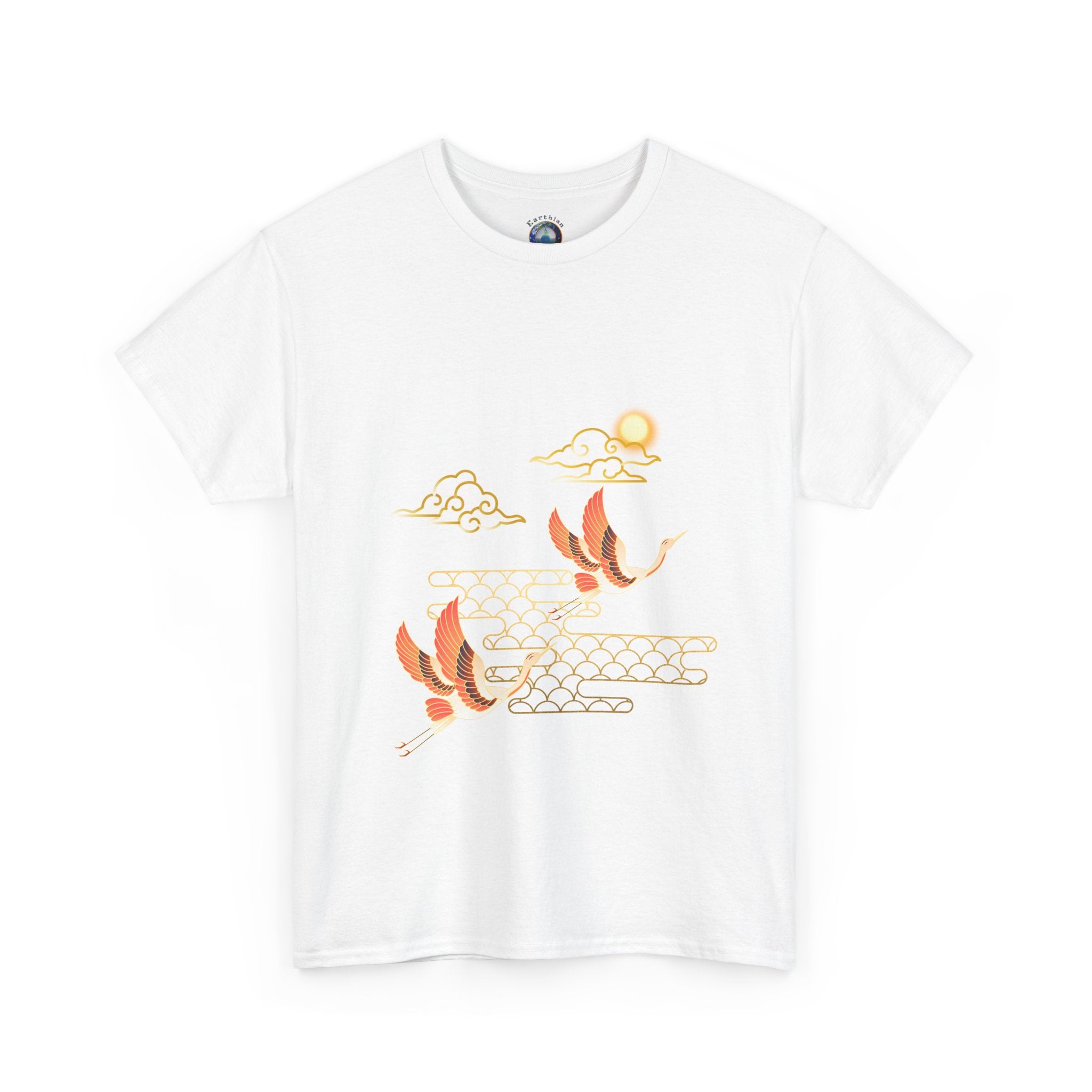 2 Pink Cranes Flying toward Sun - T shirt