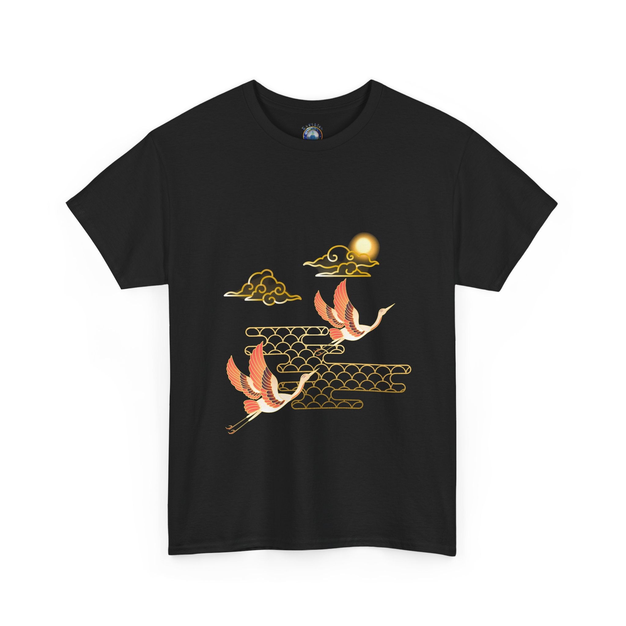 2 Pink Cranes Flying toward Sun - T shirt