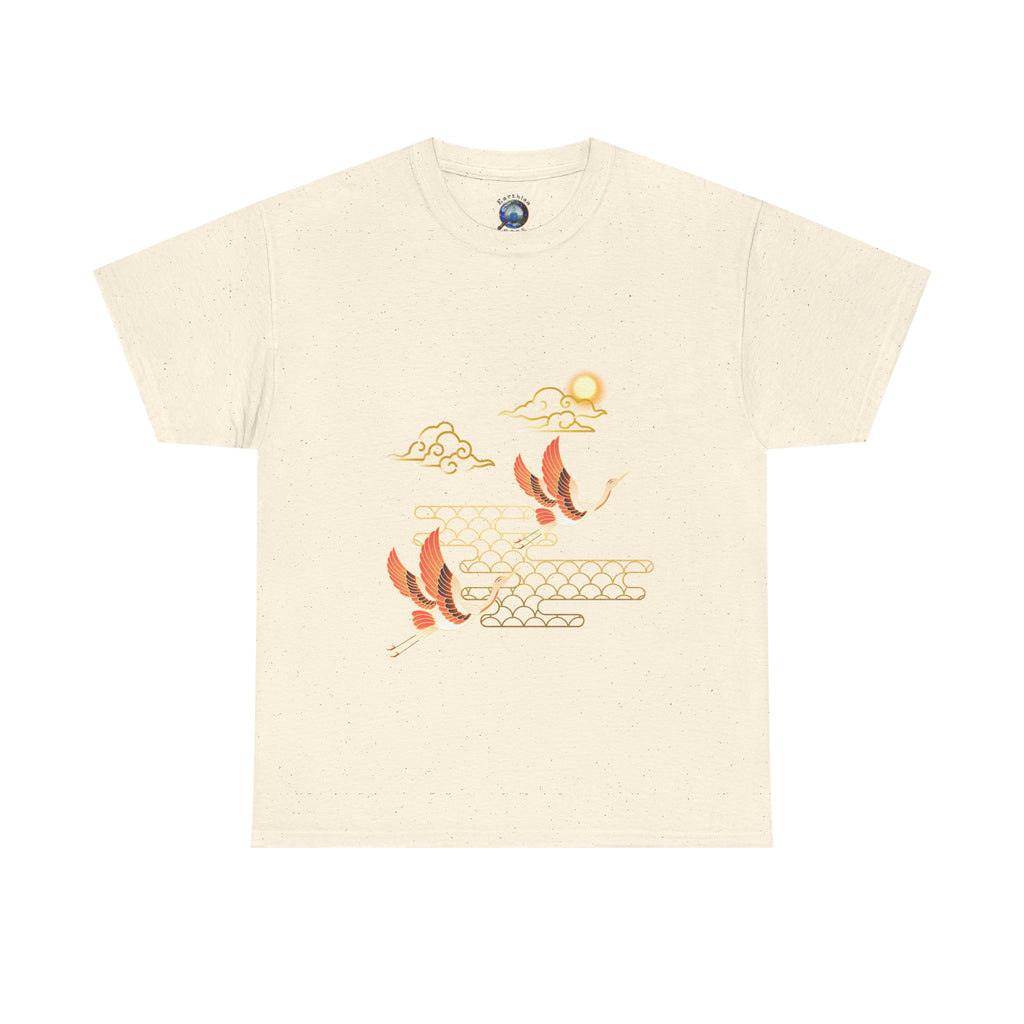 2 Pink Cranes Flying toward Sun - T shirt