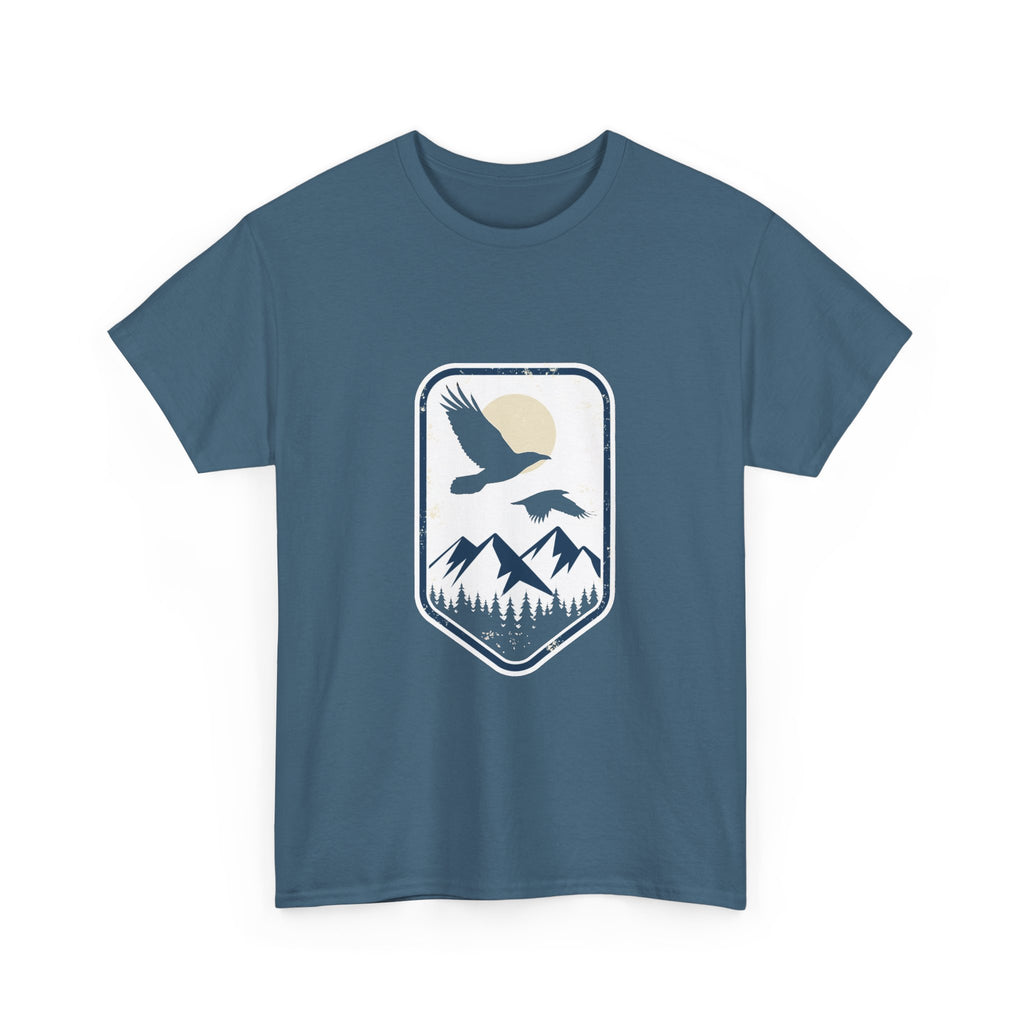 Mountain Sunrise Badge Tee – Eagle Flying Over Pines Graphic T-Shirt