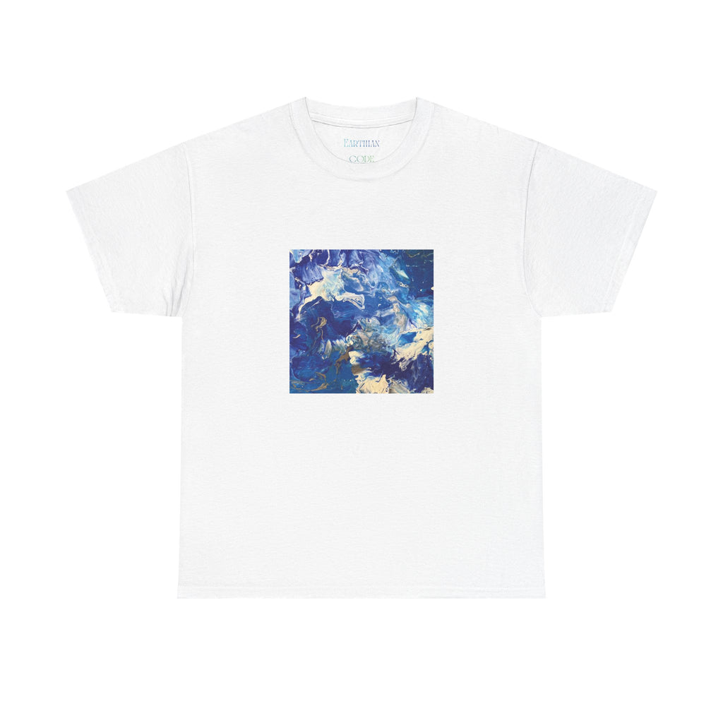 Earth Blue, Silver & White Marble T-Shirt | Abstract Fluid Art Tee - Original Canvas Painting
