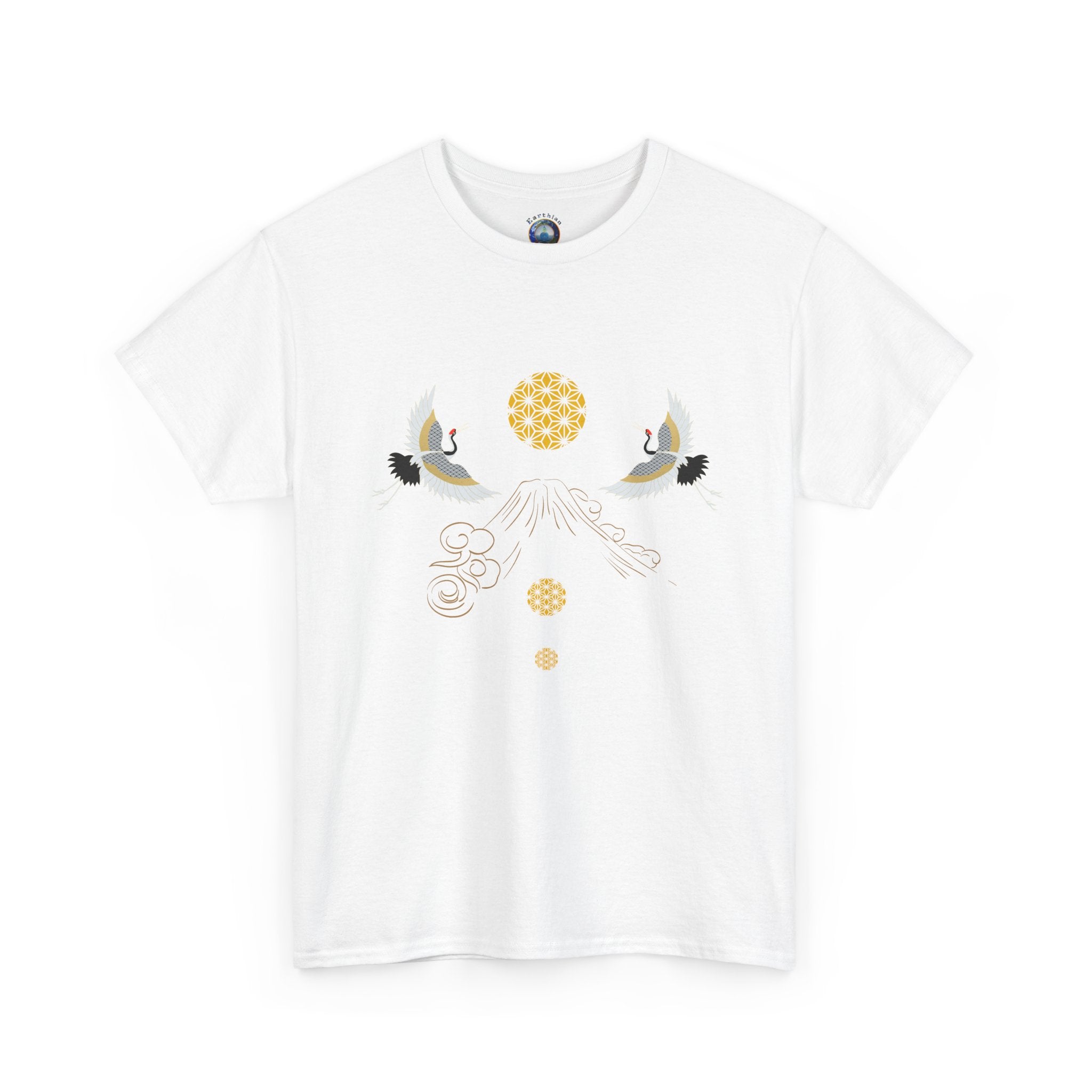 Cranes Harmony T-Shirt, Mount Fuji, Sacred Geometry (Gold)  | Two Cranes Minimalist Japanese Art Tee