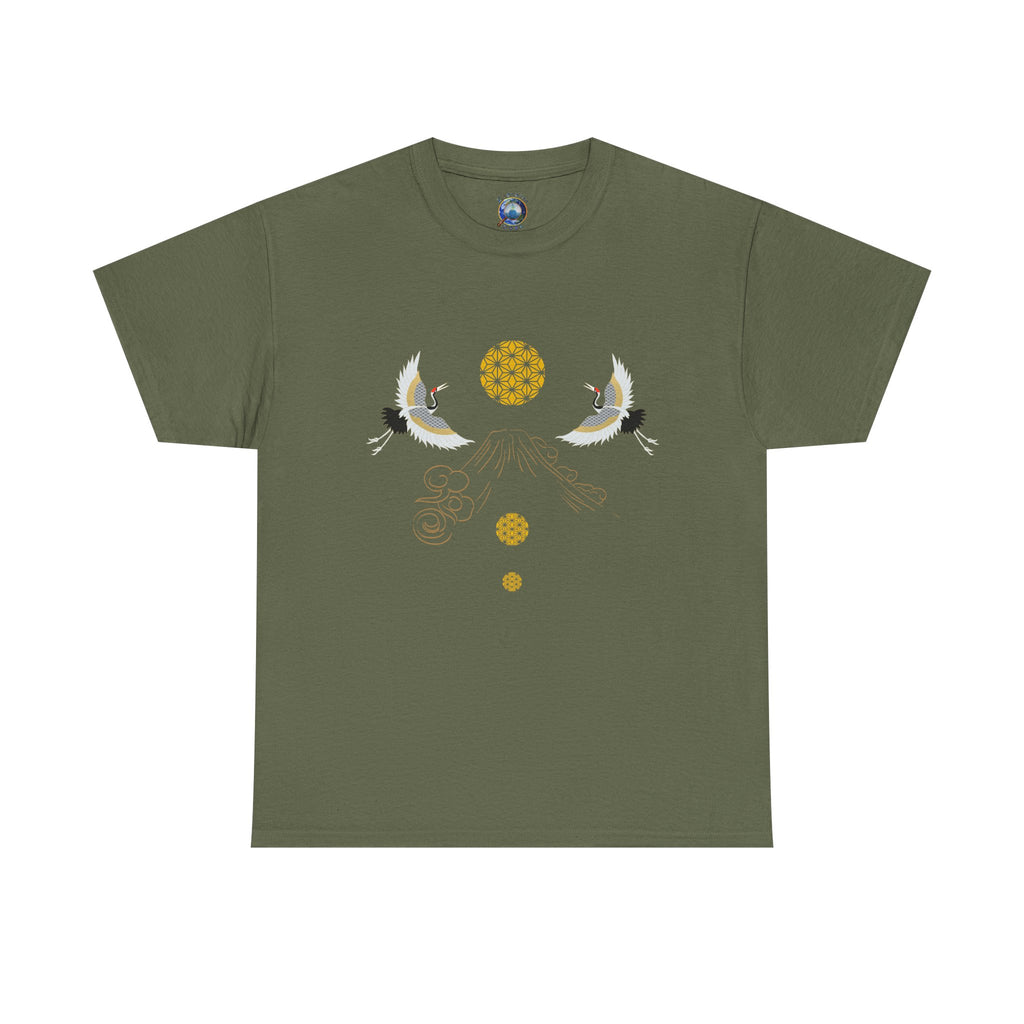 Cranes Harmony T-Shirt, Mount Fuji, Sacred Geometry (Gold)  | Two Cranes Minimalist Japanese Art Tee