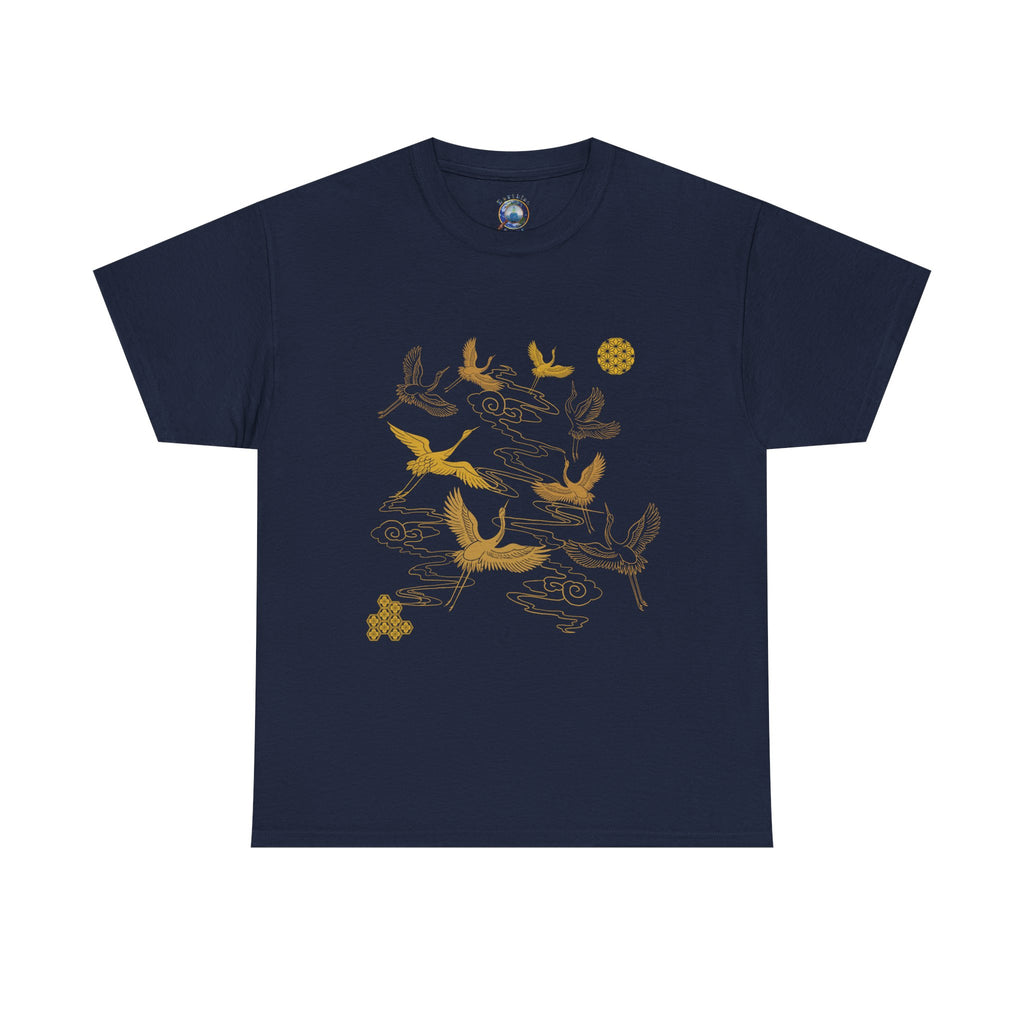 8 Cranes Fly above Gold Cloud Tee — Japanese inspired vintage Crane T-Shirt