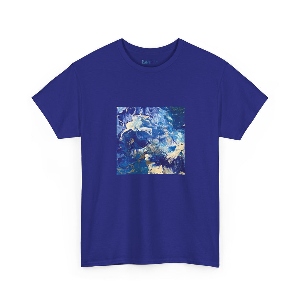 Earth Blue, Silver & White Marble T-Shirt | Abstract Fluid Art Tee - Original Canvas Painting