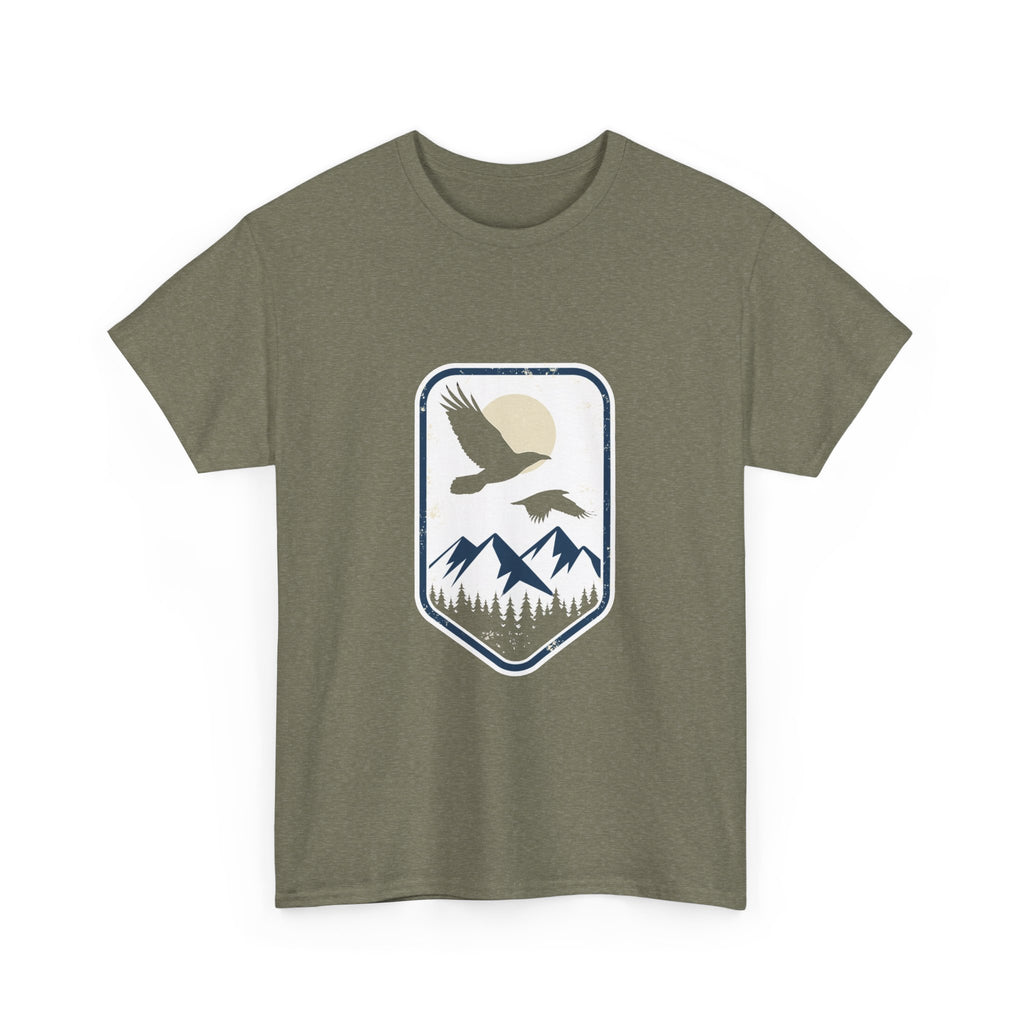 Mountain Sunrise Badge Tee – Eagle Flying Over Pines Graphic T-Shirt