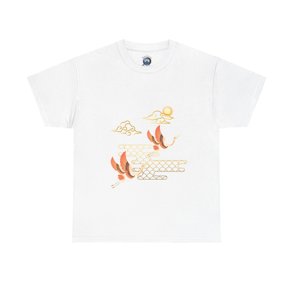 2 Pink Cranes Flying toward Sun - T shirt