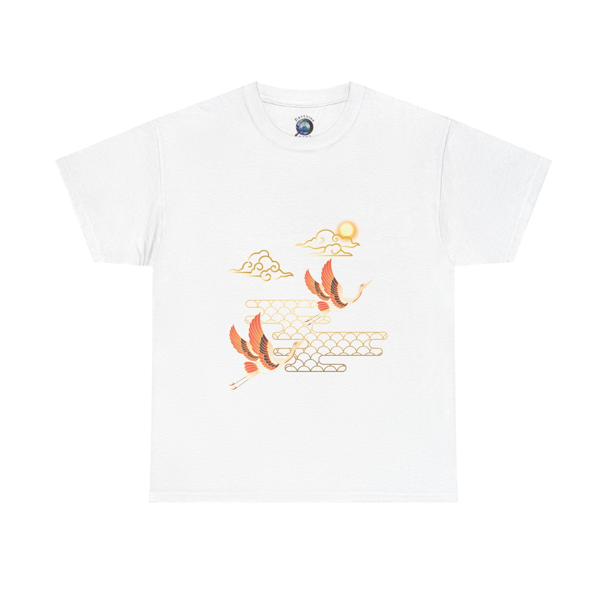 2 Pink Cranes Flying toward Sun - T shirt