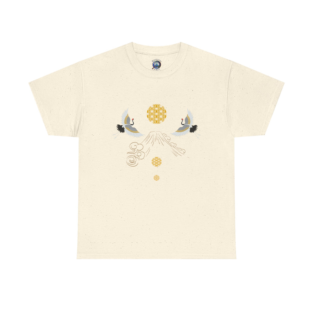 Cranes Harmony T-Shirt, Mount Fuji, Sacred Geometry (Gold)  | Two Cranes Minimalist Japanese Art Tee