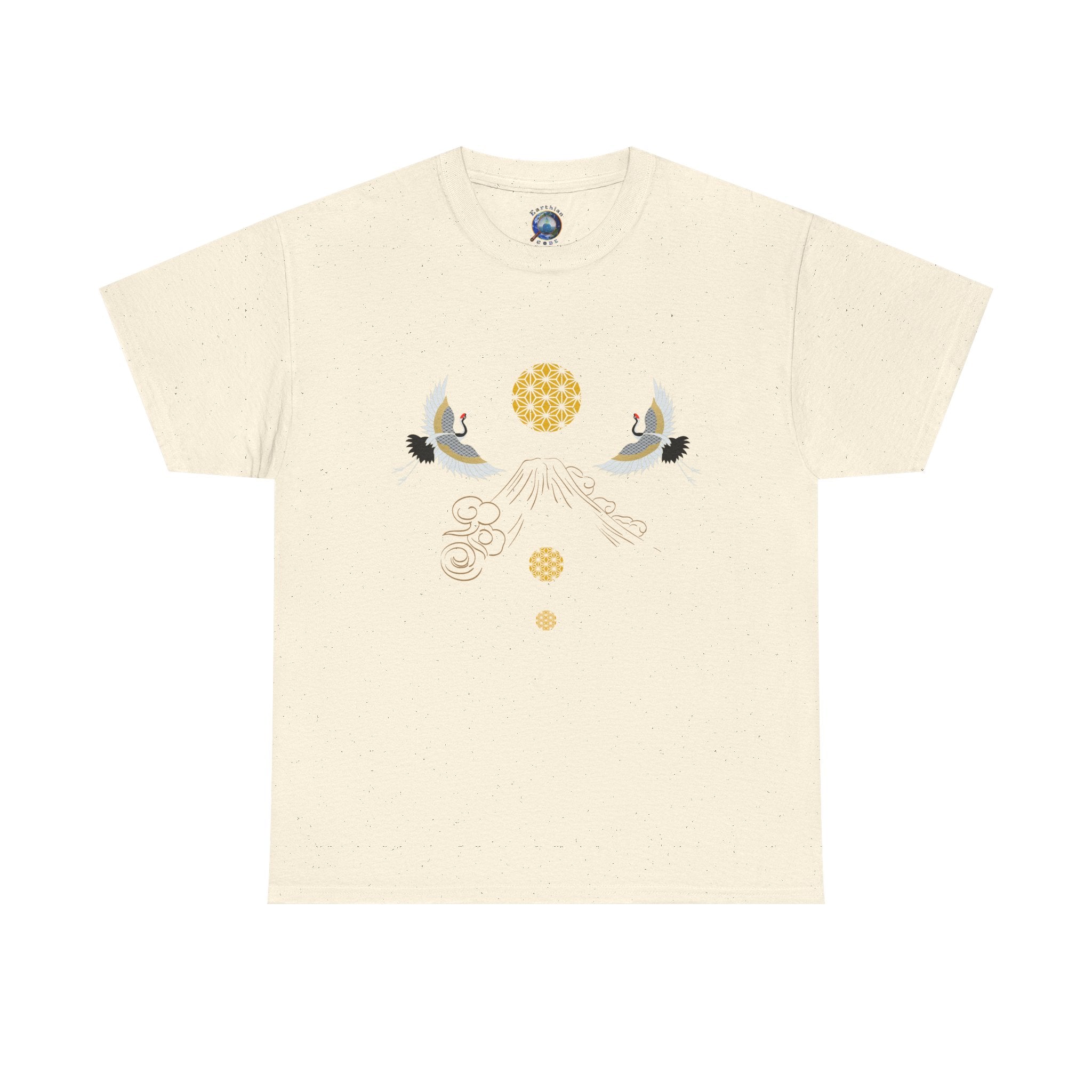 Cranes Harmony T-Shirt, Mount Fuji, Sacred Geometry (Gold)  | Two Cranes Minimalist Japanese Art Tee