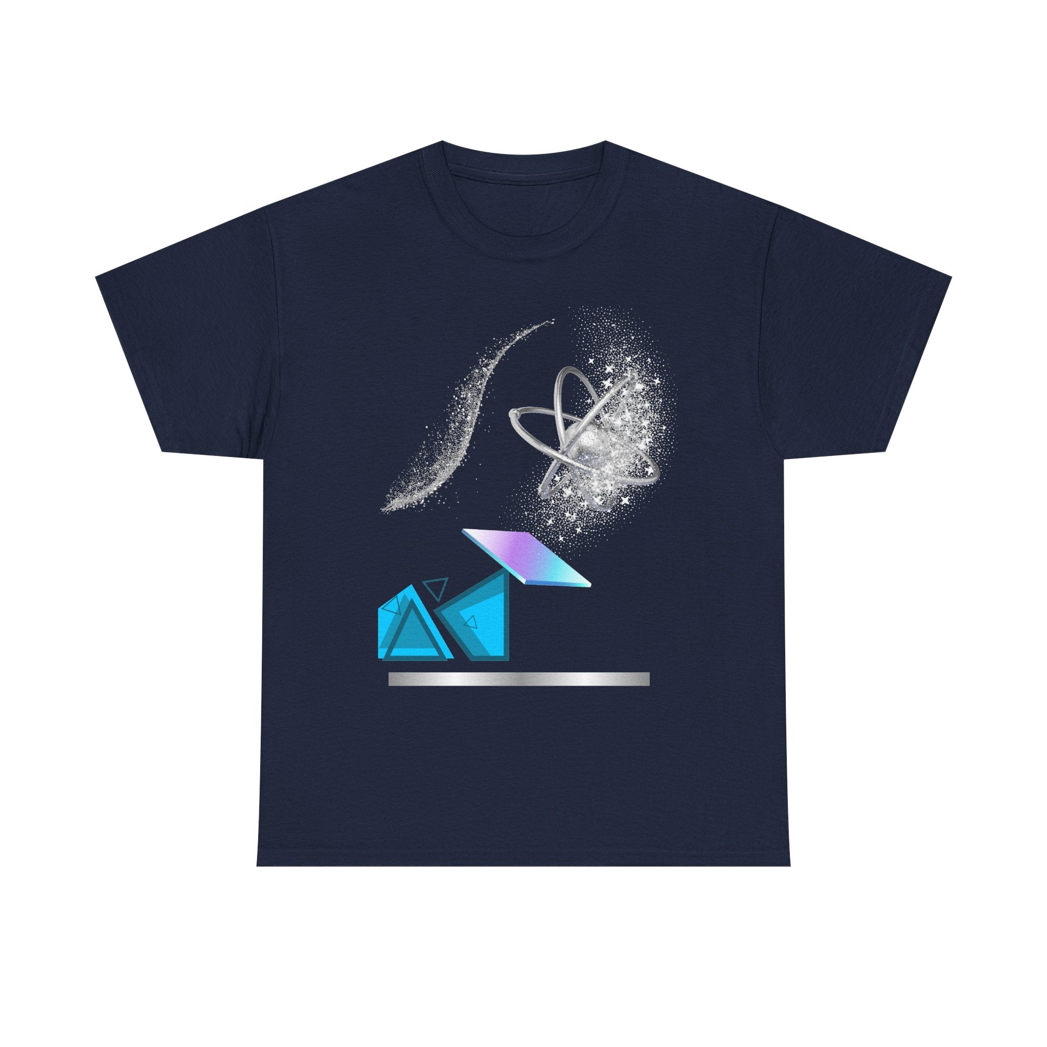 Geometric Prism Graphic Tee — Futuristic Cyan Violet Crystal T-Shirt