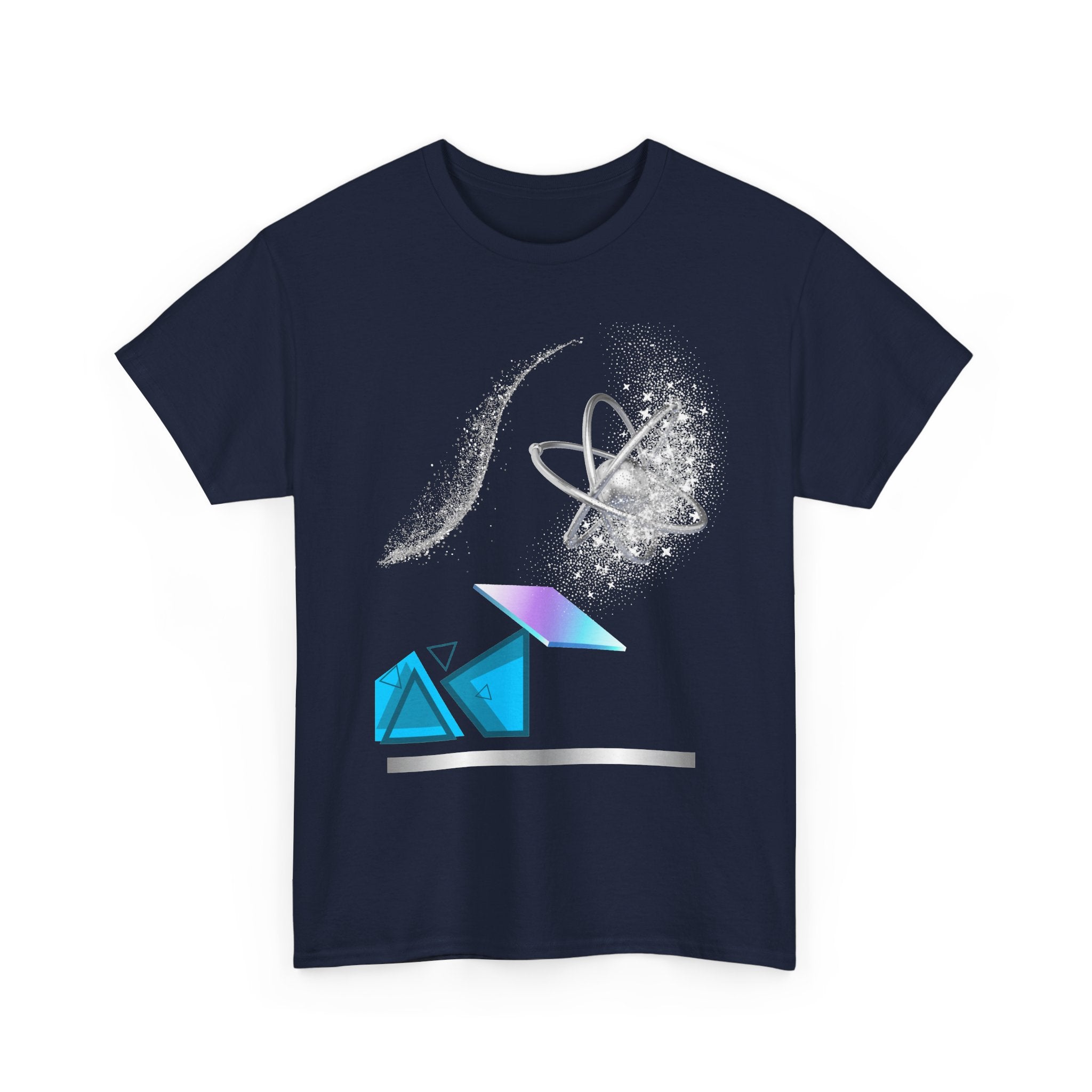 Geometric Prism Graphic Tee — Futuristic Cyan Violet Crystal T-Shirt