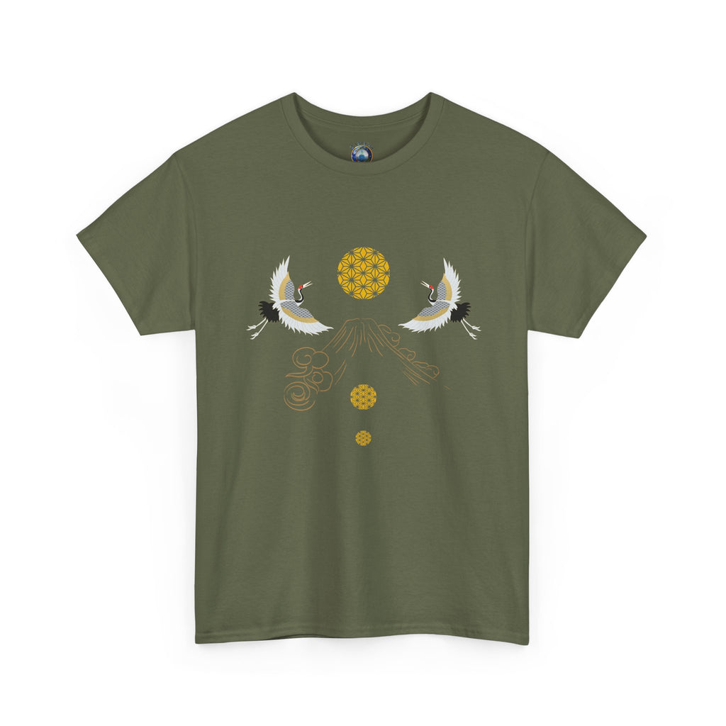 Cranes Harmony T-Shirt, Mount Fuji, Sacred Geometry (Gold)  | Two Cranes Minimalist Japanese Art Tee
