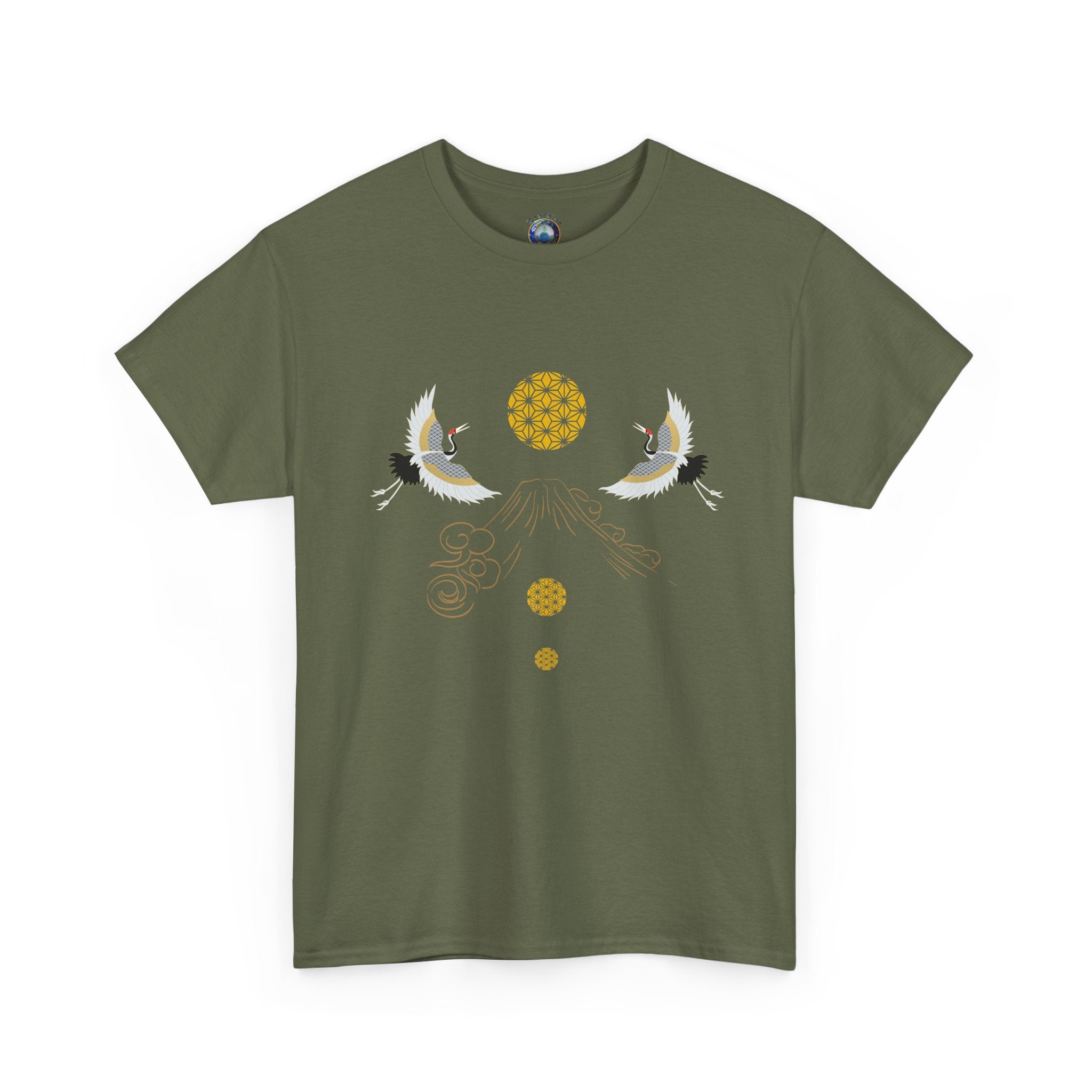 Cranes Harmony T-Shirt, Mount Fuji, Sacred Geometry (Gold)  | Two Cranes Minimalist Japanese Art Tee