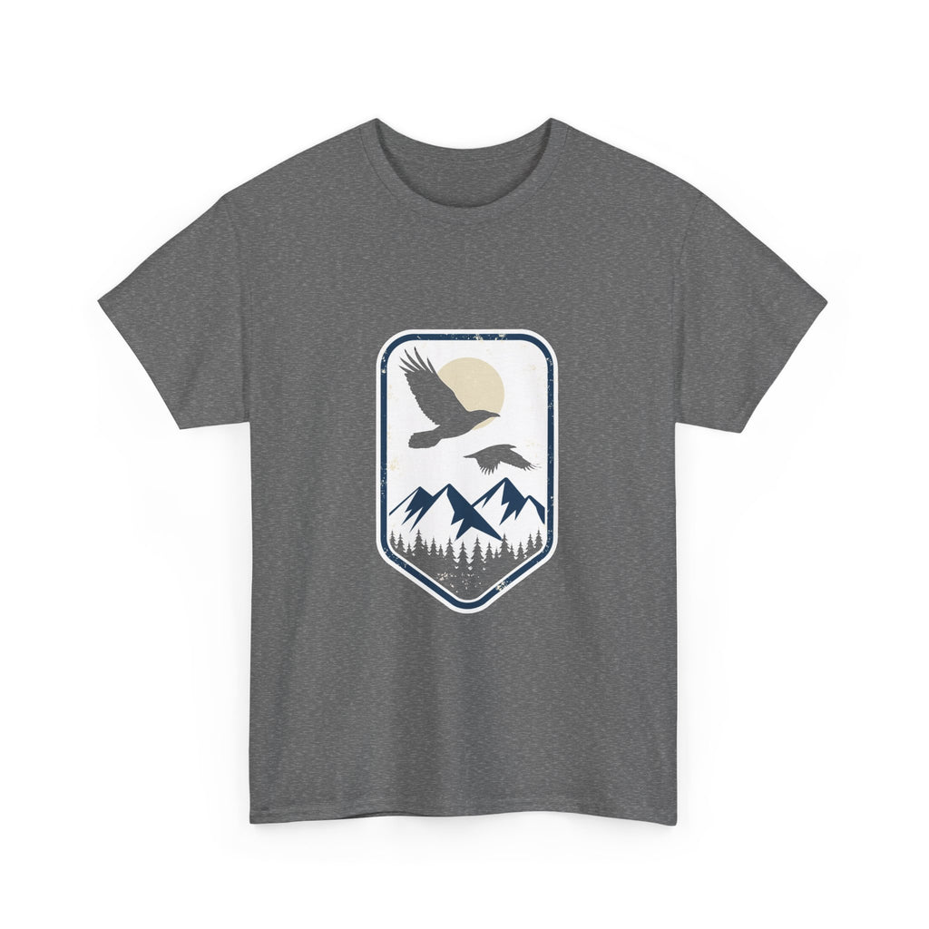 Mountain Sunrise Badge Tee – Eagle Flying Over Pines Graphic T-Shirt