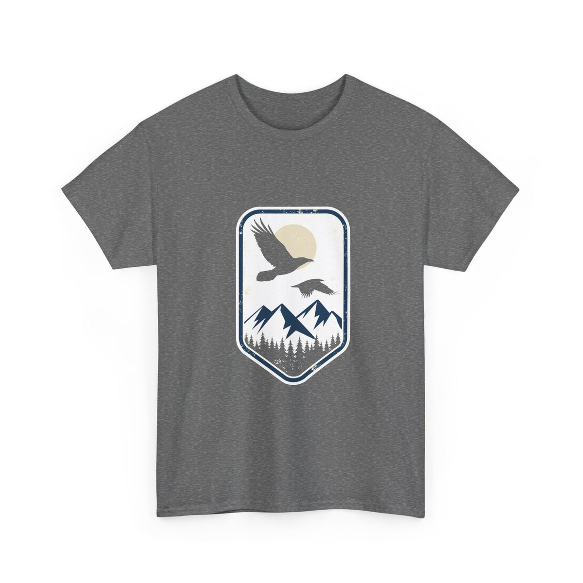Mountain Sunrise Badge Tee – Eagle Flying Over Pines Graphic T-Shirt