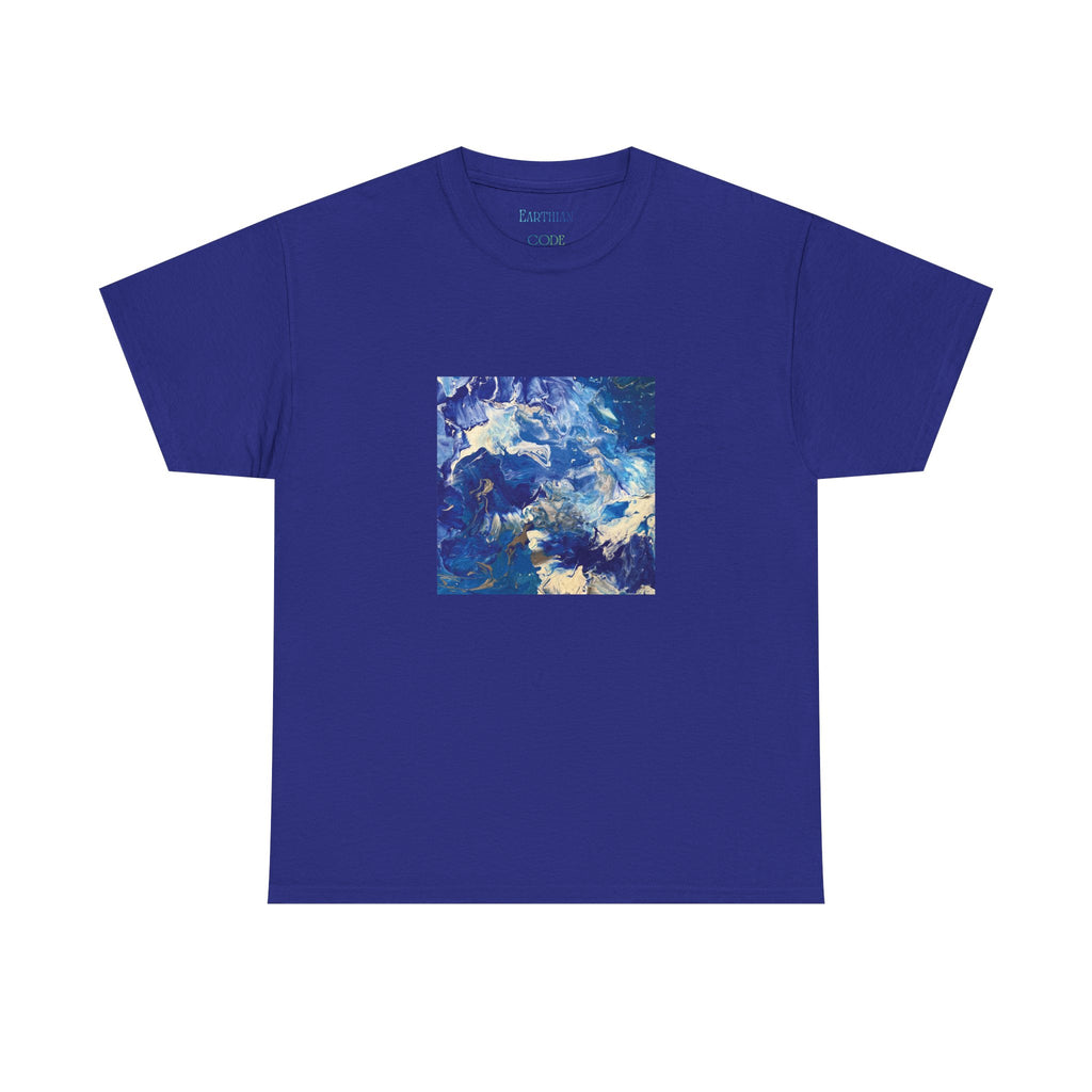 Earth Blue, Silver & White Marble T-Shirt | Abstract Fluid Art Tee - Original Canvas Painting